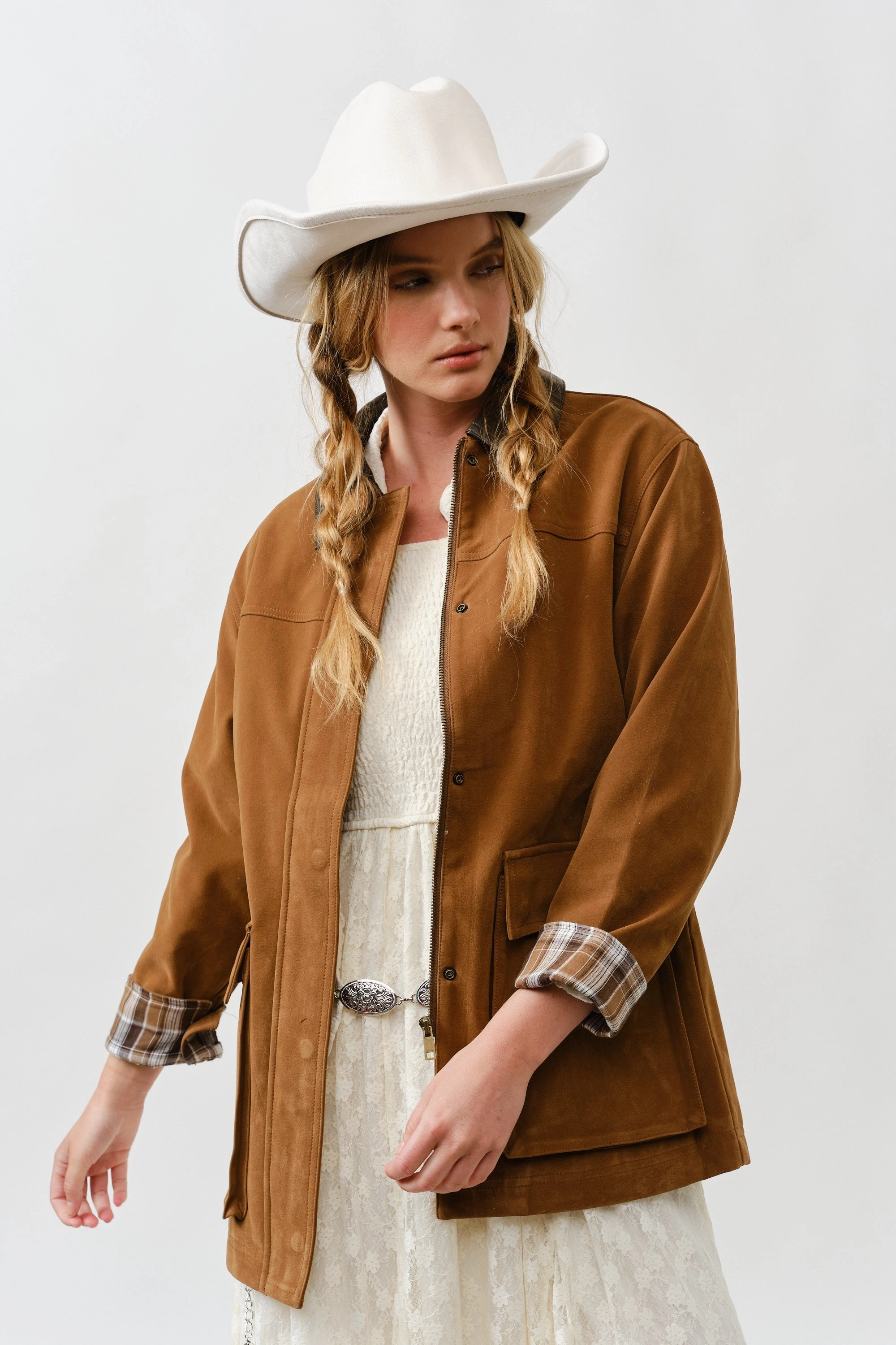 Suede Oversized Jacket - Camel Sandwich Mesh Panel Structure V Neck Design