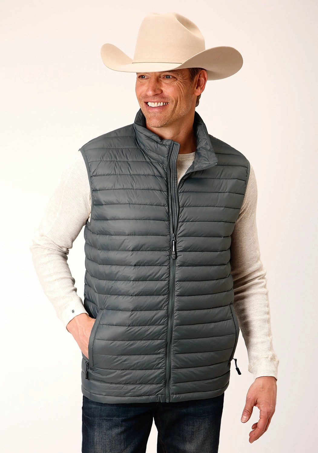 Roper Mens Down Coated Silver Sage 100% Nylon Softshell Vest Spring Layer