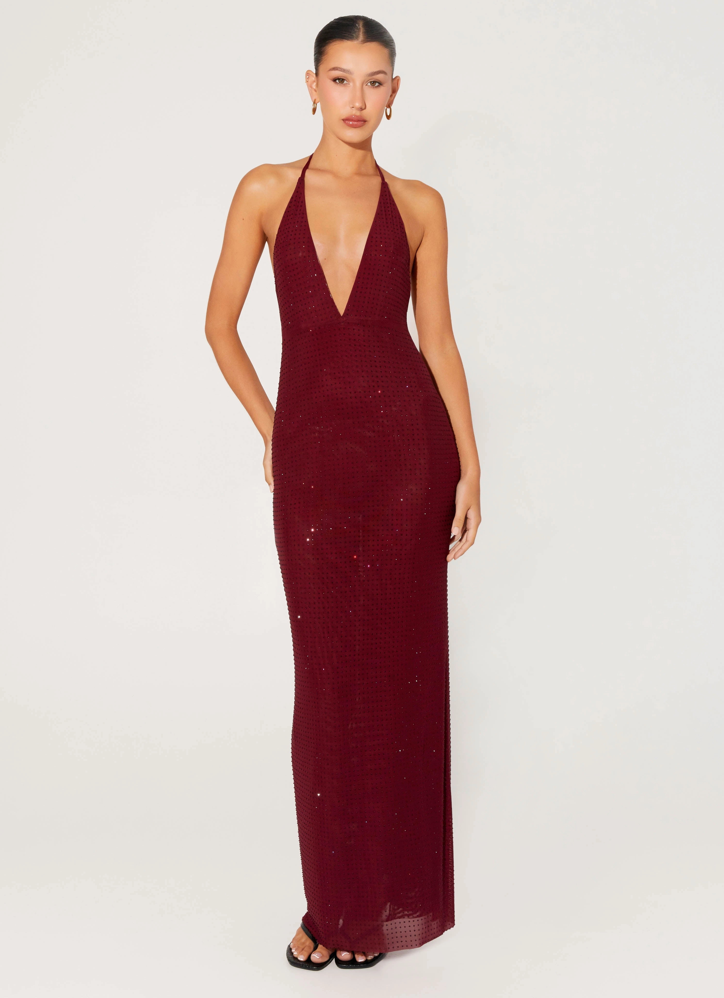 Chic Casual Wear Sheer-Overlay Keliese Beaded Maxi Dress - Burgundy