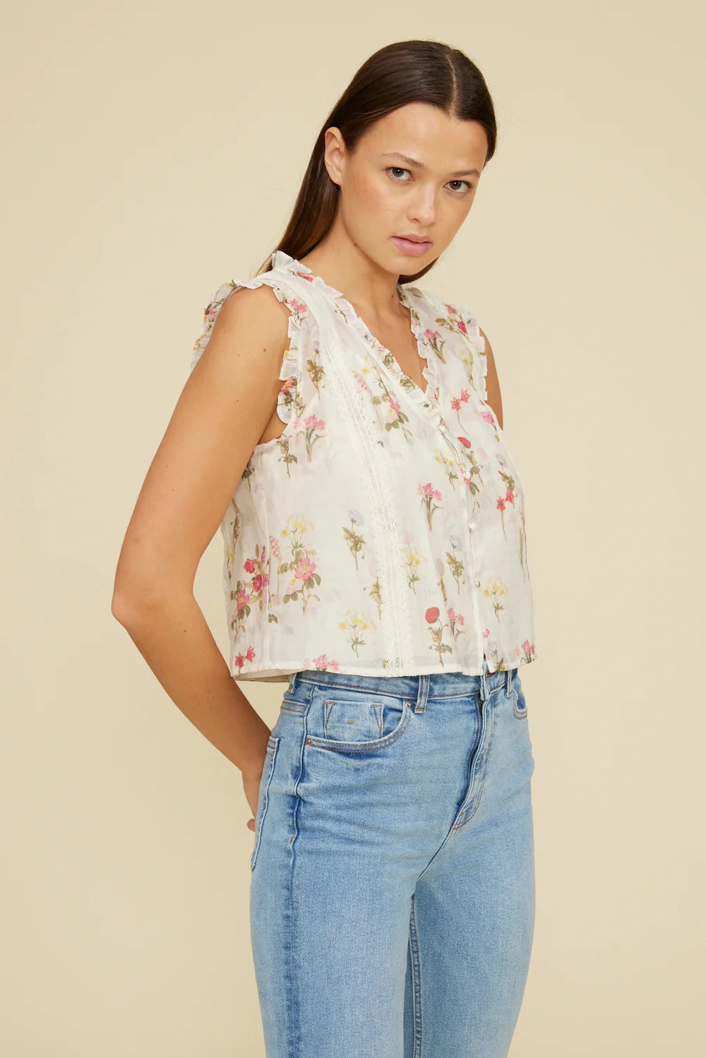 Soft Material Ribbed Neckline Olina Floral Top