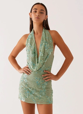 Olisa Cowl Neck Beaded Mini Dress - Mint Sleek Volume