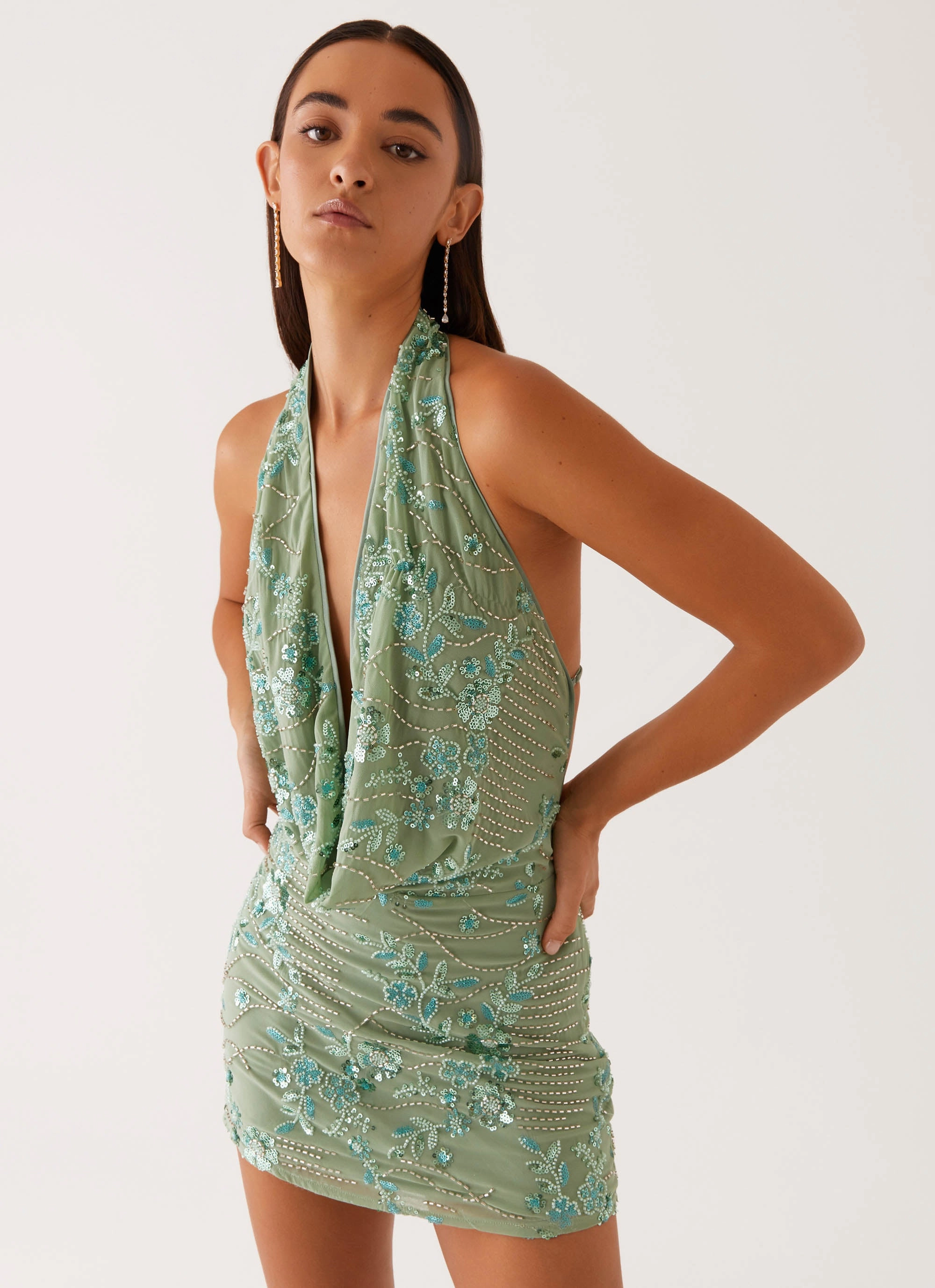 Olisa Cowl Neck Beaded Mini Dress - Mint Refined Cut Sophisticated Cut