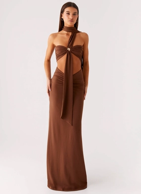 Formal-look Olive Bloom Maxi Dress - Chocolate