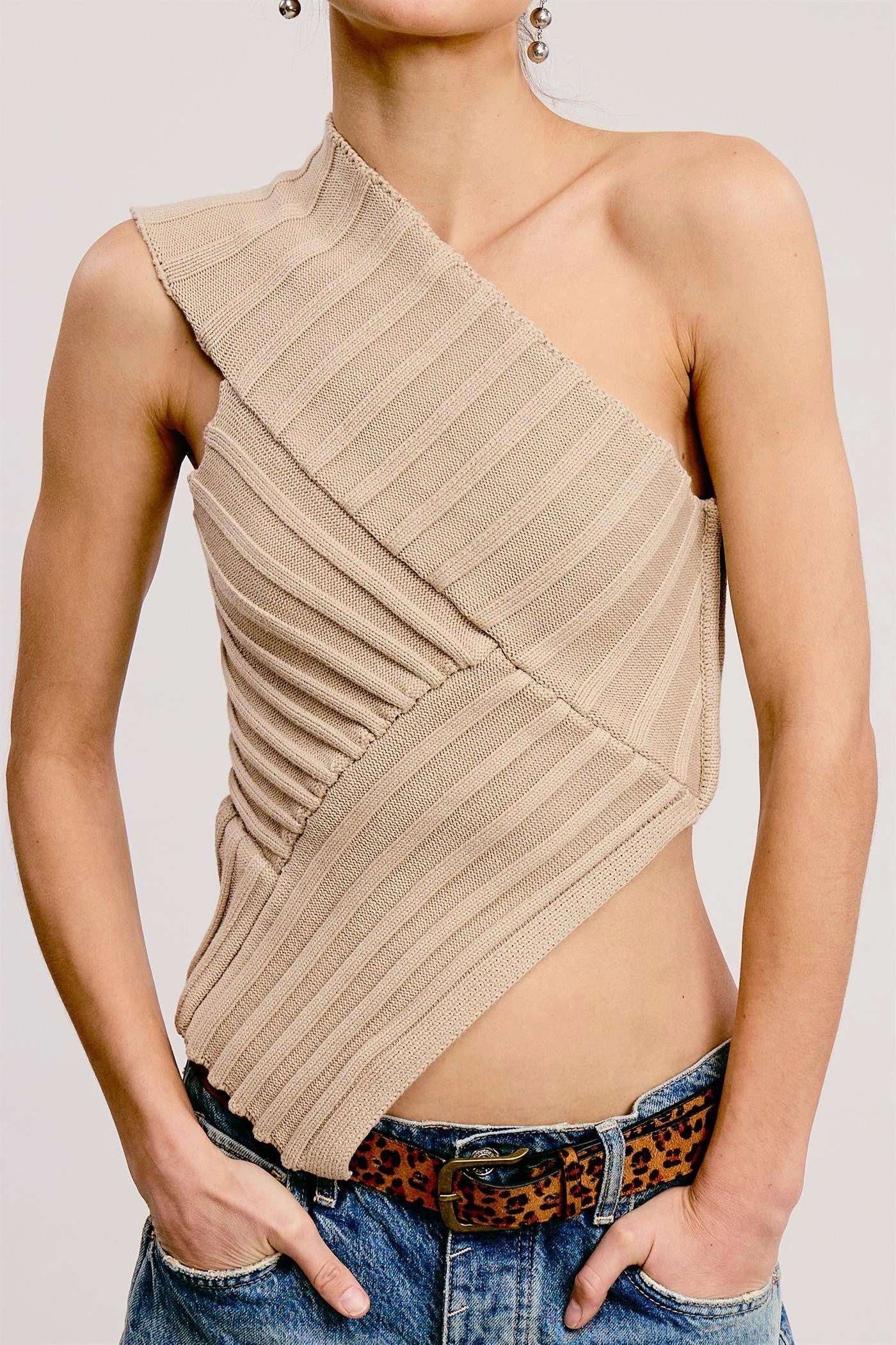 AntiPilling One-Shoulder Ribbed Knit Top - Mushroom