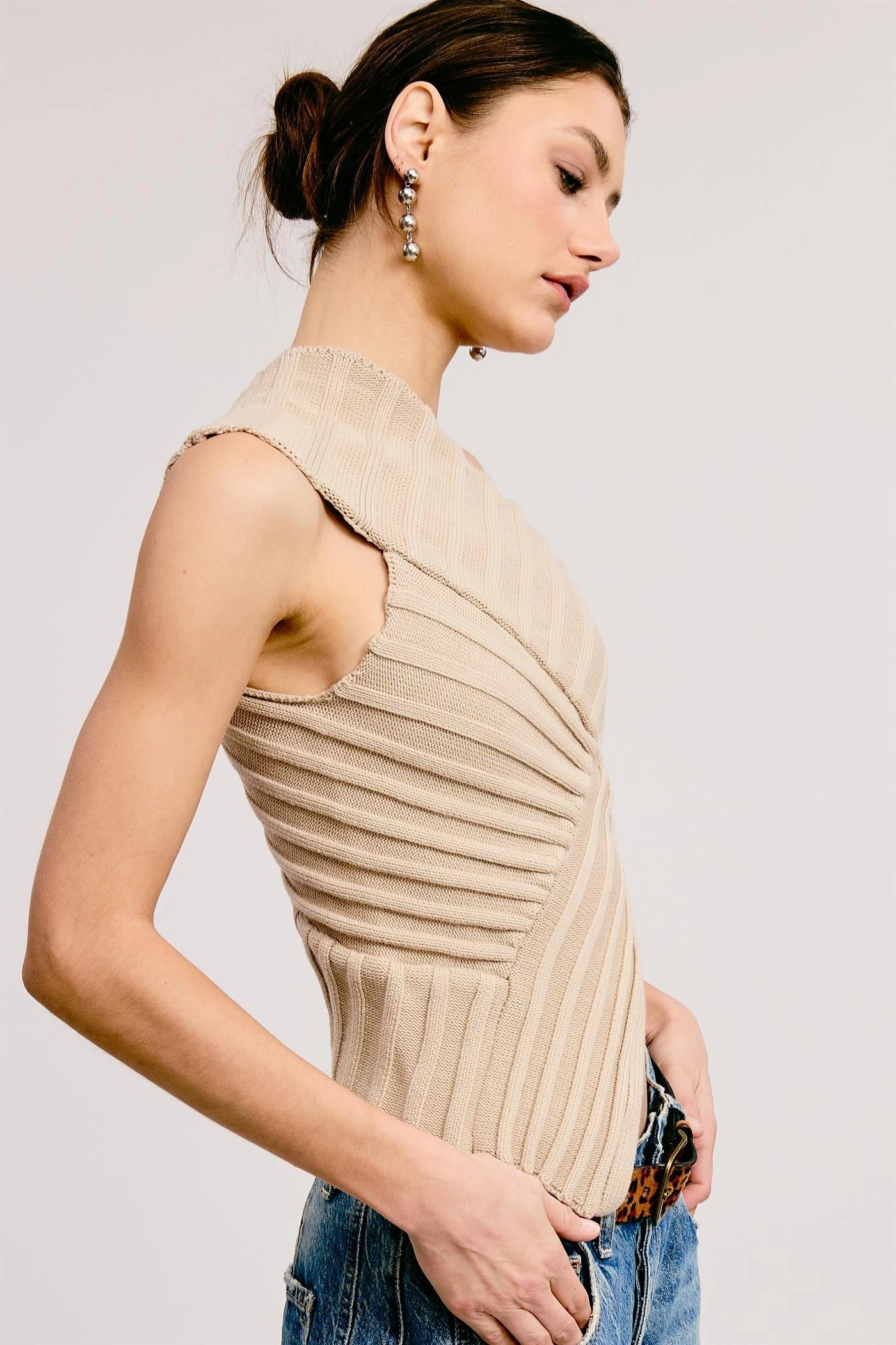 One-Shoulder Ribbed Knit Top - Mushroom Double Stitched Seams VentilatedMeshPaneling