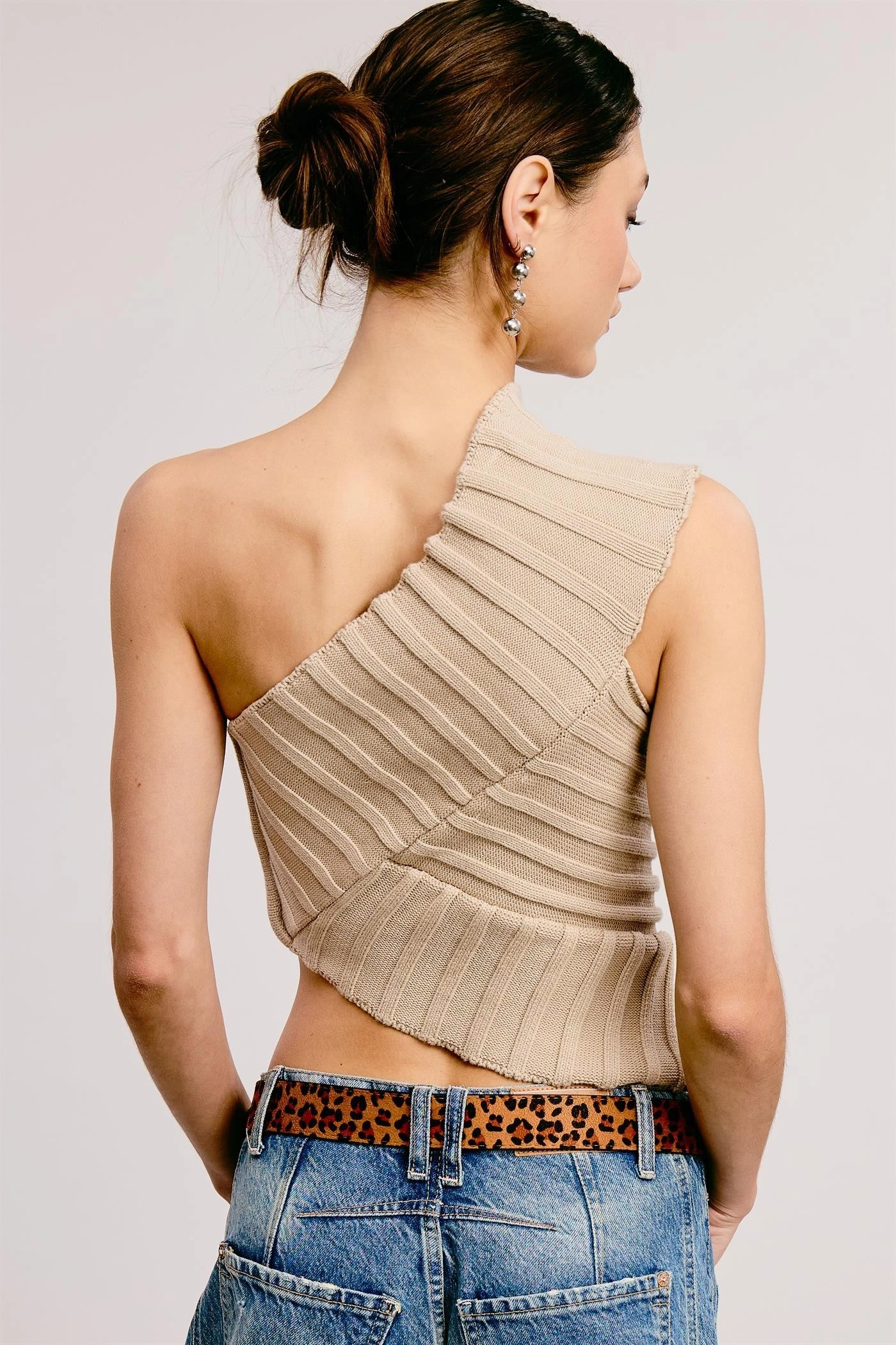 One-Shoulder Ribbed Knit Top - Mushroom WideNeckline Buttonless Closure