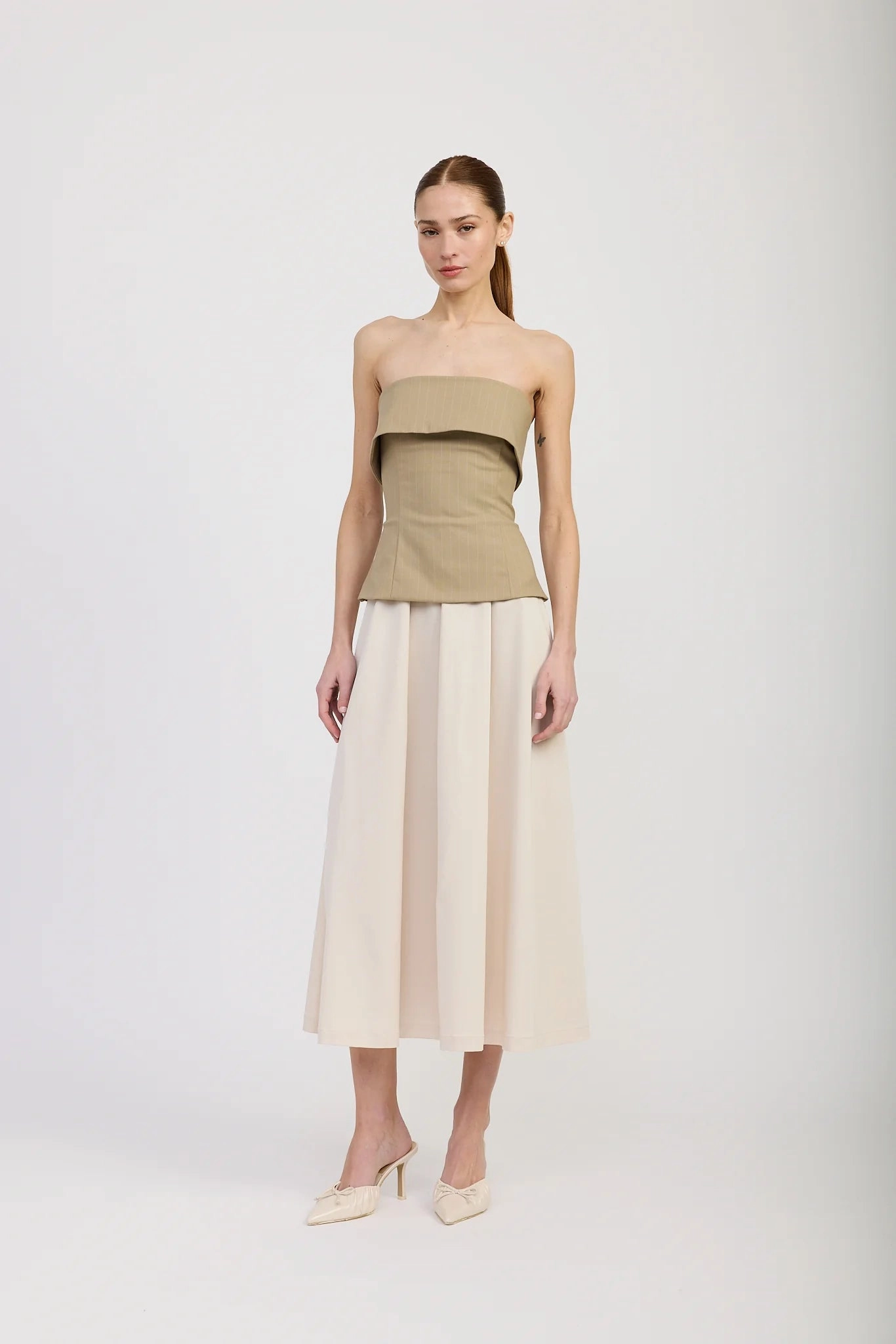 Arden Mixed Media Midi Dress Contrasting Detail Modern and Stylish