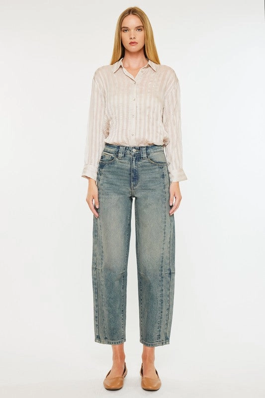 OPHELIAH HIGH RISE SLIM BARREL FIT JEANS Reflective Logo Detail