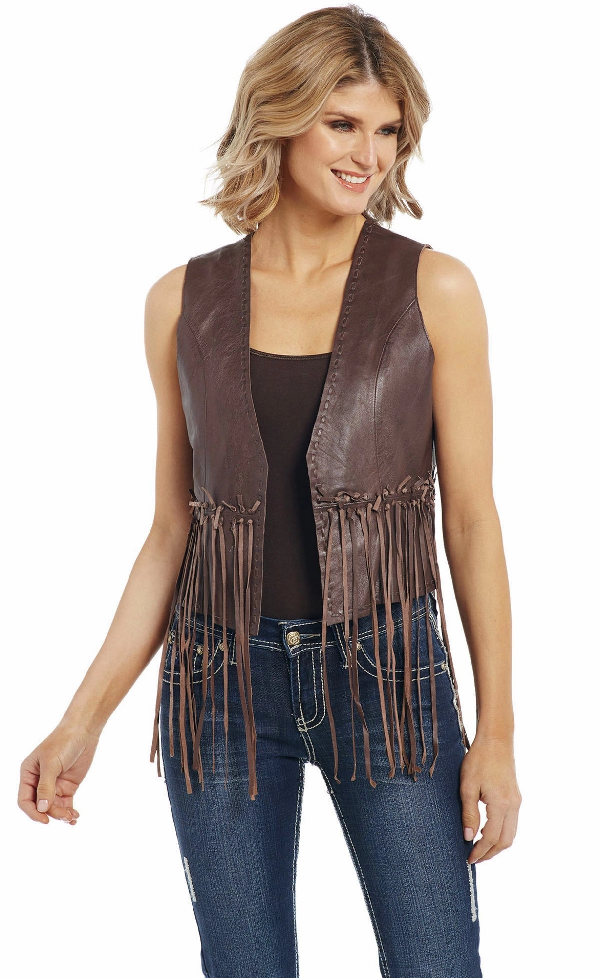 All-Day Knitwear Winter Layer Cripple Creek Womens Antique Brown Lamb Leather Knotted Fringe Vest
