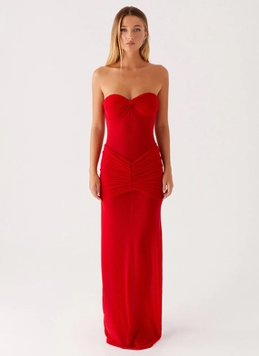 Glossy Detail Relaxed Line Ottilie Mesh Maxi Dress - Red