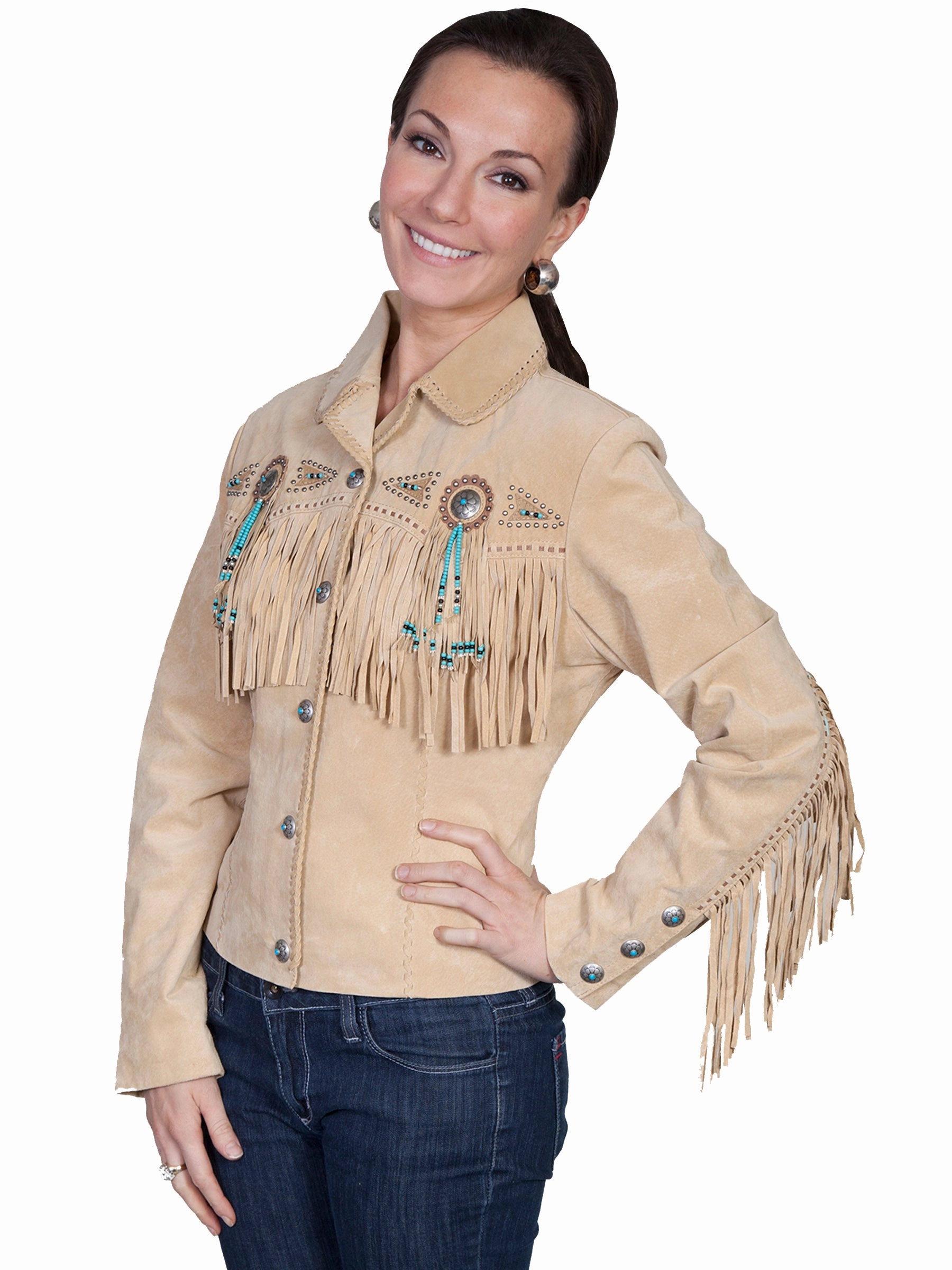 Scully Leather Womens Beaded Fringe Conchos Boar Suede Jacket Chamois Weekend Vibe Layered Neckline