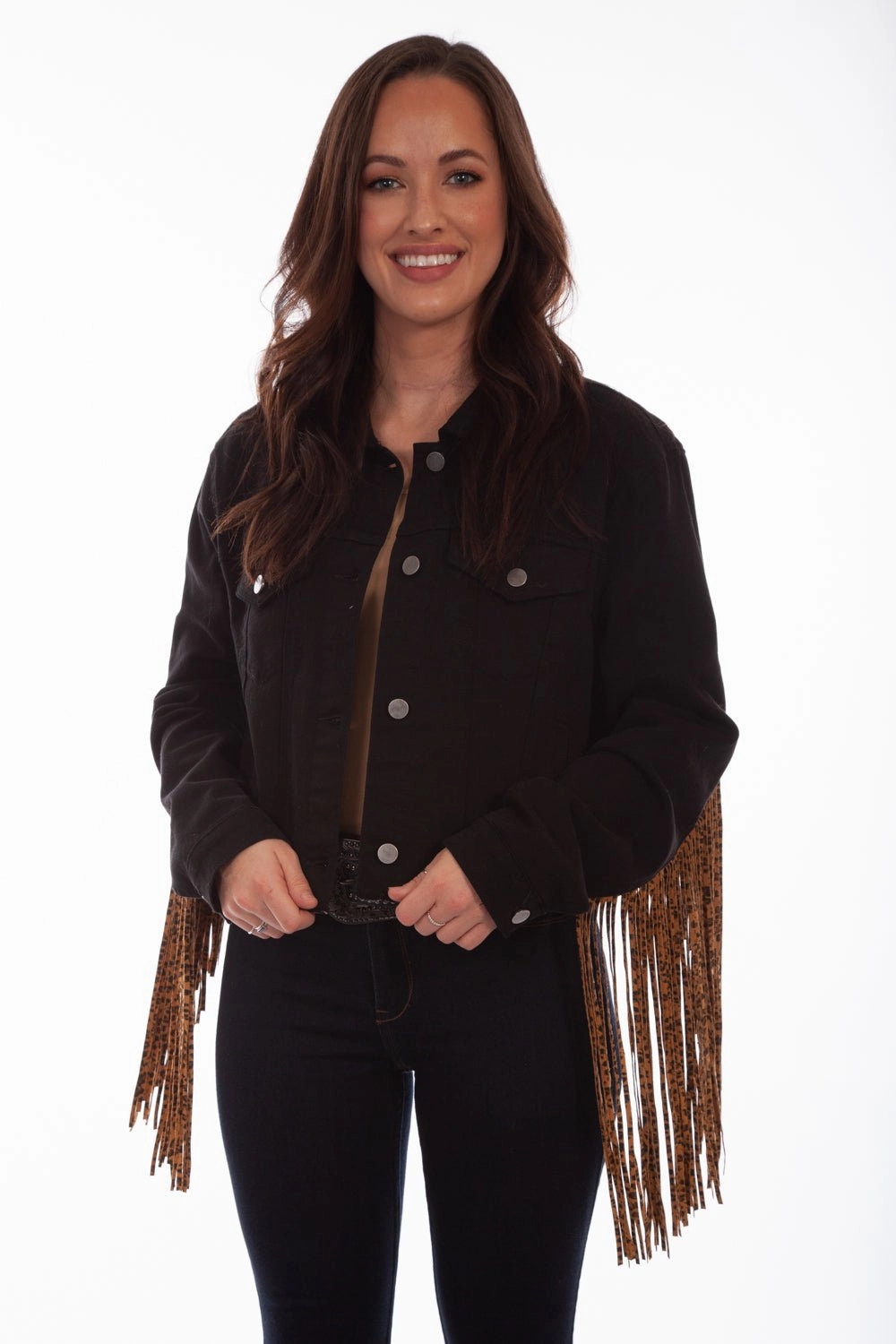 Reinforced Elbow Panels Non Restrictive Movement Cut Scully Womens Black/Leopard Cotton Blend Fringe Denim Jacket