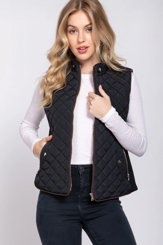 Double Breasted Transitional Layer ELYSIA SUEDE PIPING DETAIL RIB QUILTED PADDING VEST S-2XL