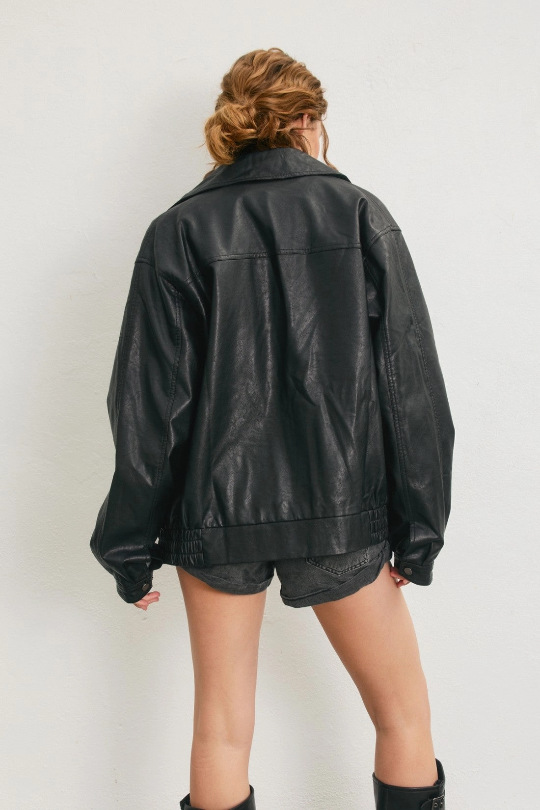 Multi Panel Cut ShockAbsorbing Oversized Faux Leather Biker Jacket - Black