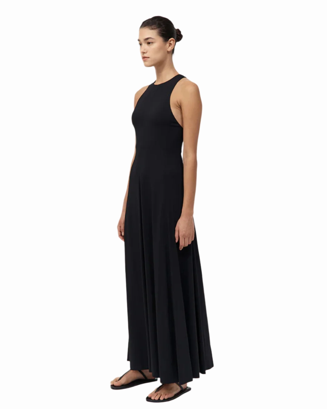 Side Pleats Classic Fit Cut Away Maxi Dress in Black