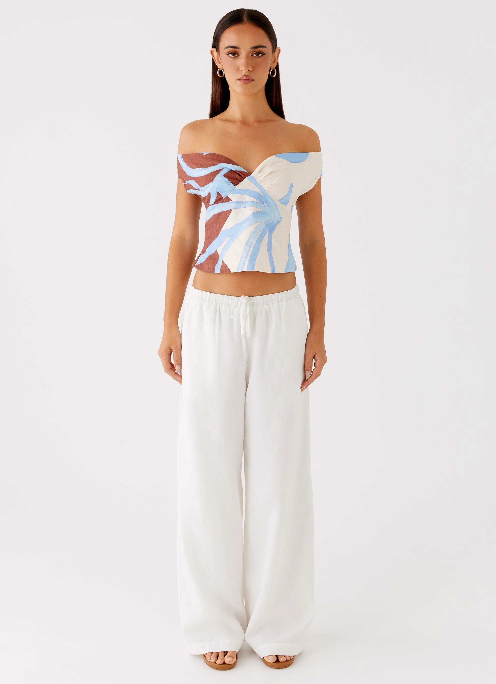 Double Needle Stitching Ozella Off Shoulder Top - Bloom Wave Print