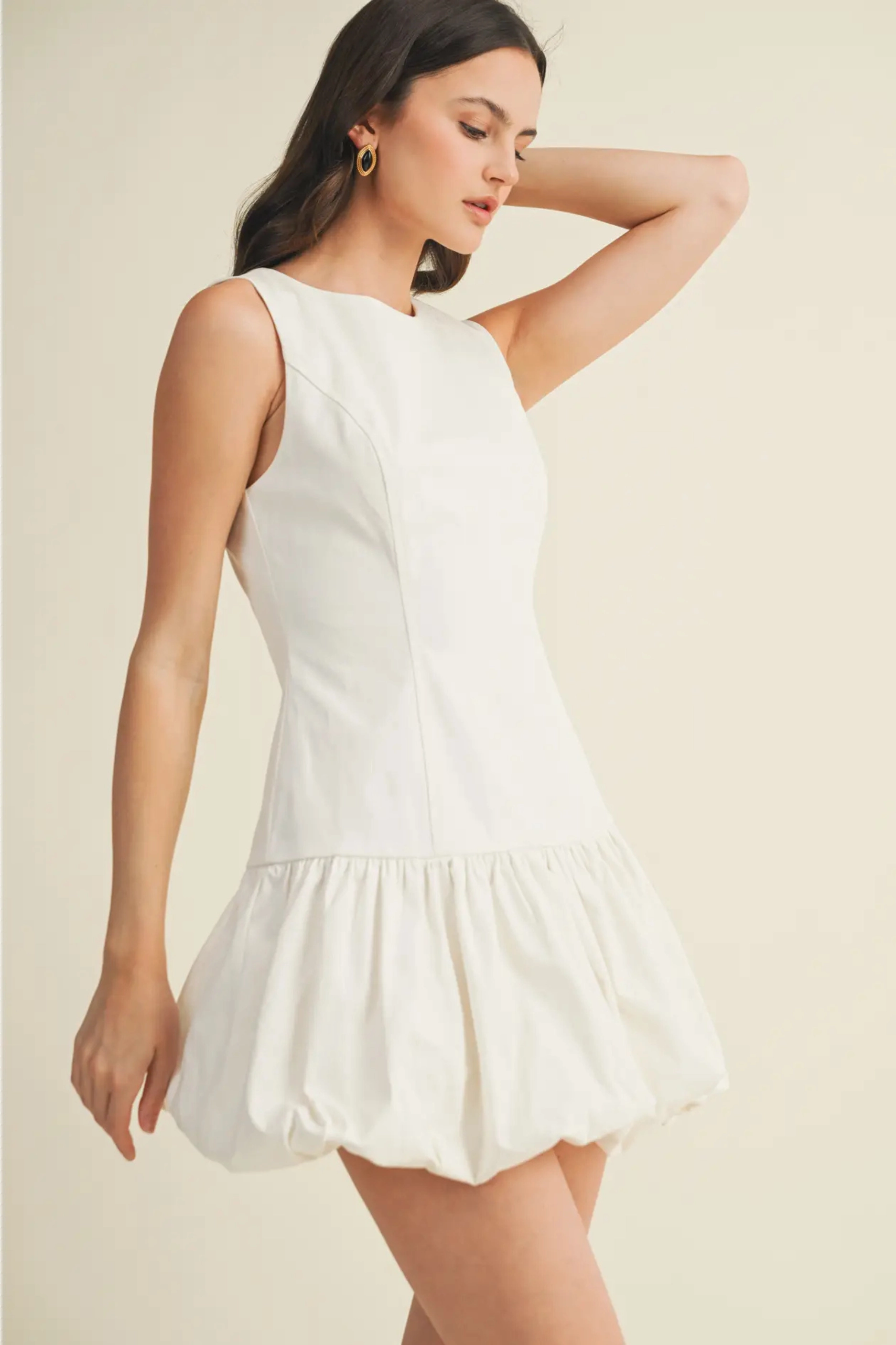 Balloon Hem Mini Dress - White Mesh Lining