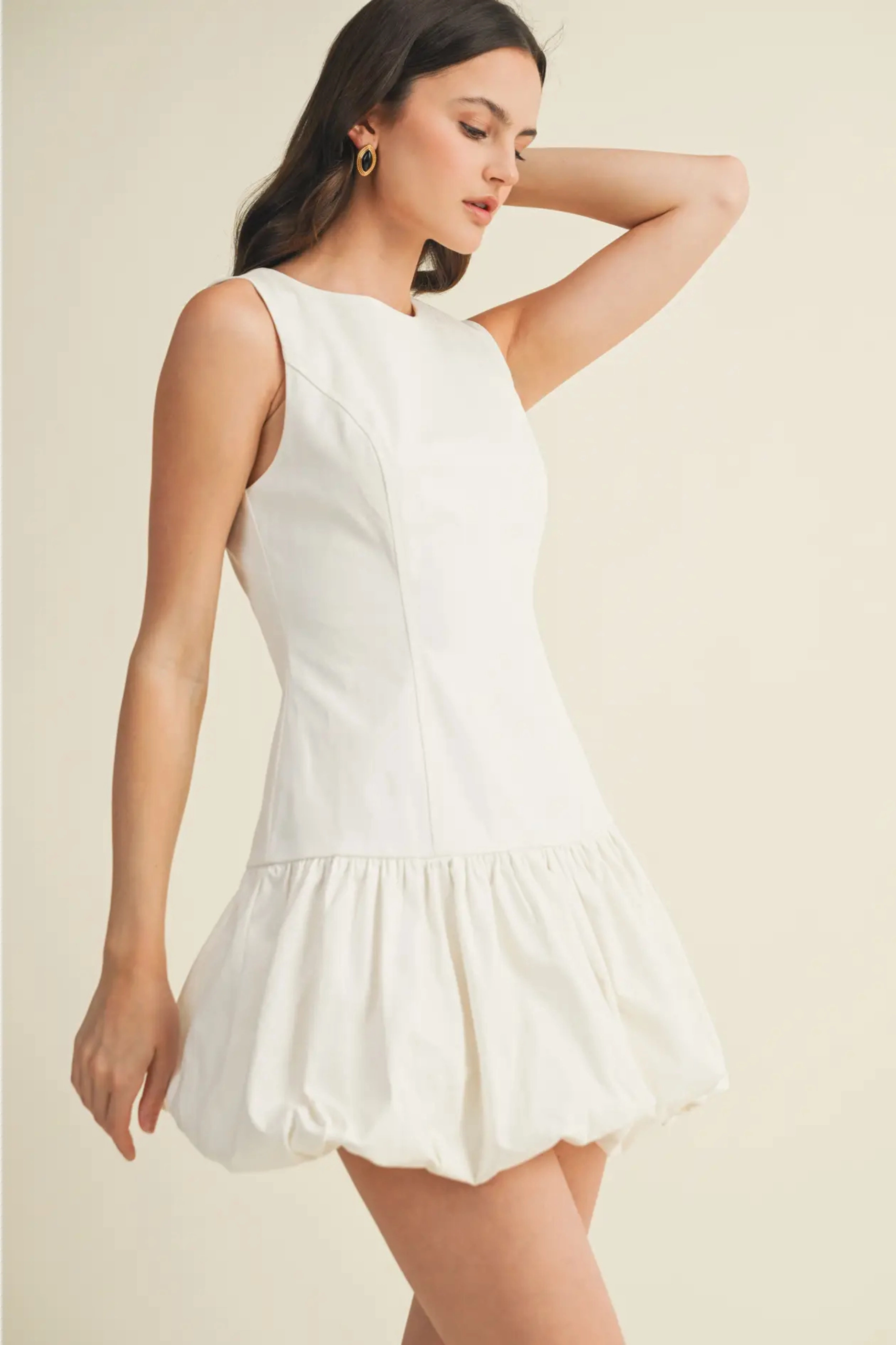 Social Ease Dreamy Motion Balloon Hem Mini Dress - White