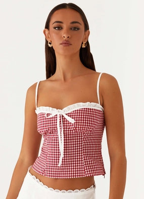 OdorResistant Treatment Palmer Ruffle Bustier Top - Red Gingham