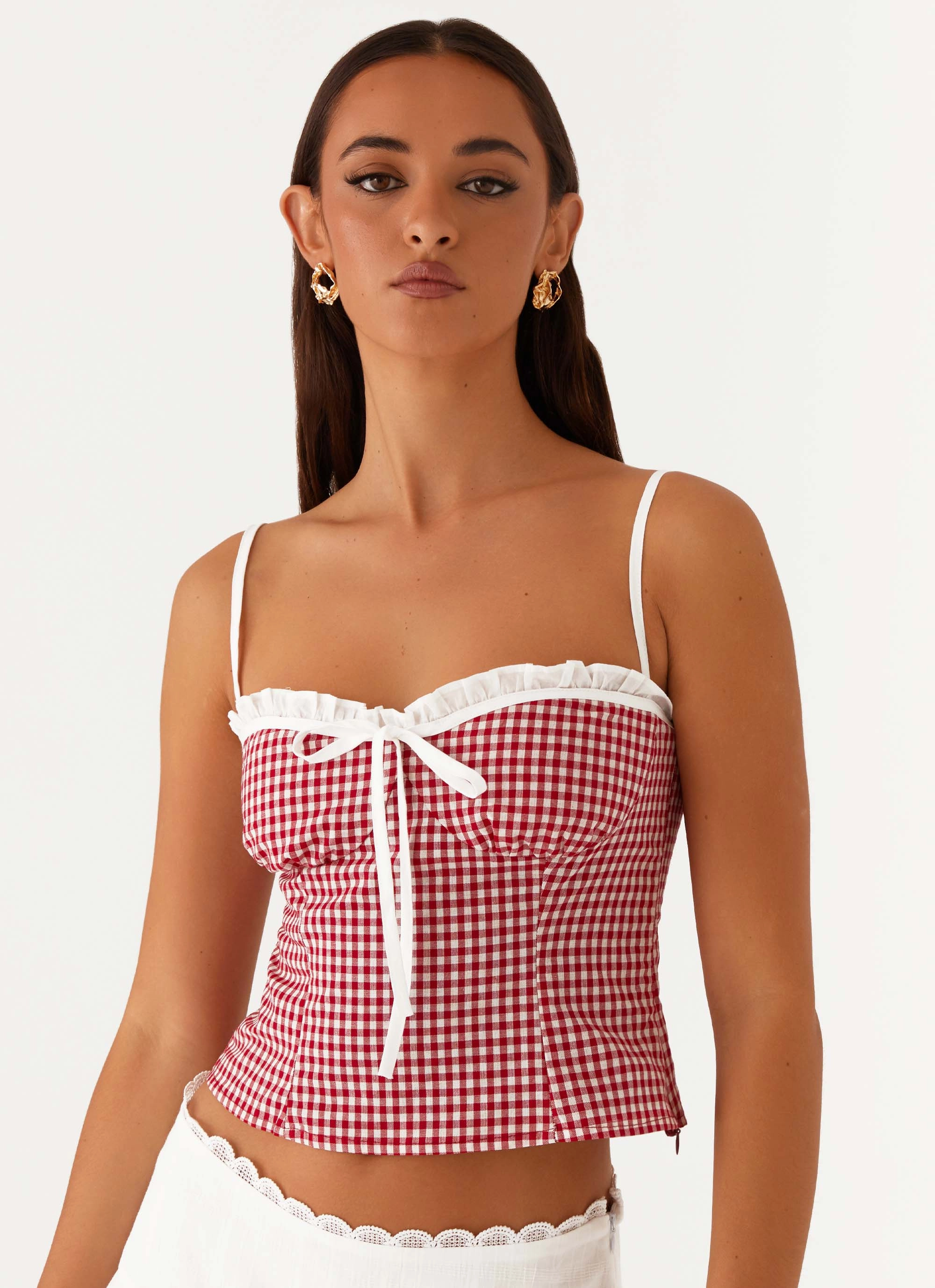 OdorResistant Treatment Palmer Ruffle Bustier Top - Red Gingham