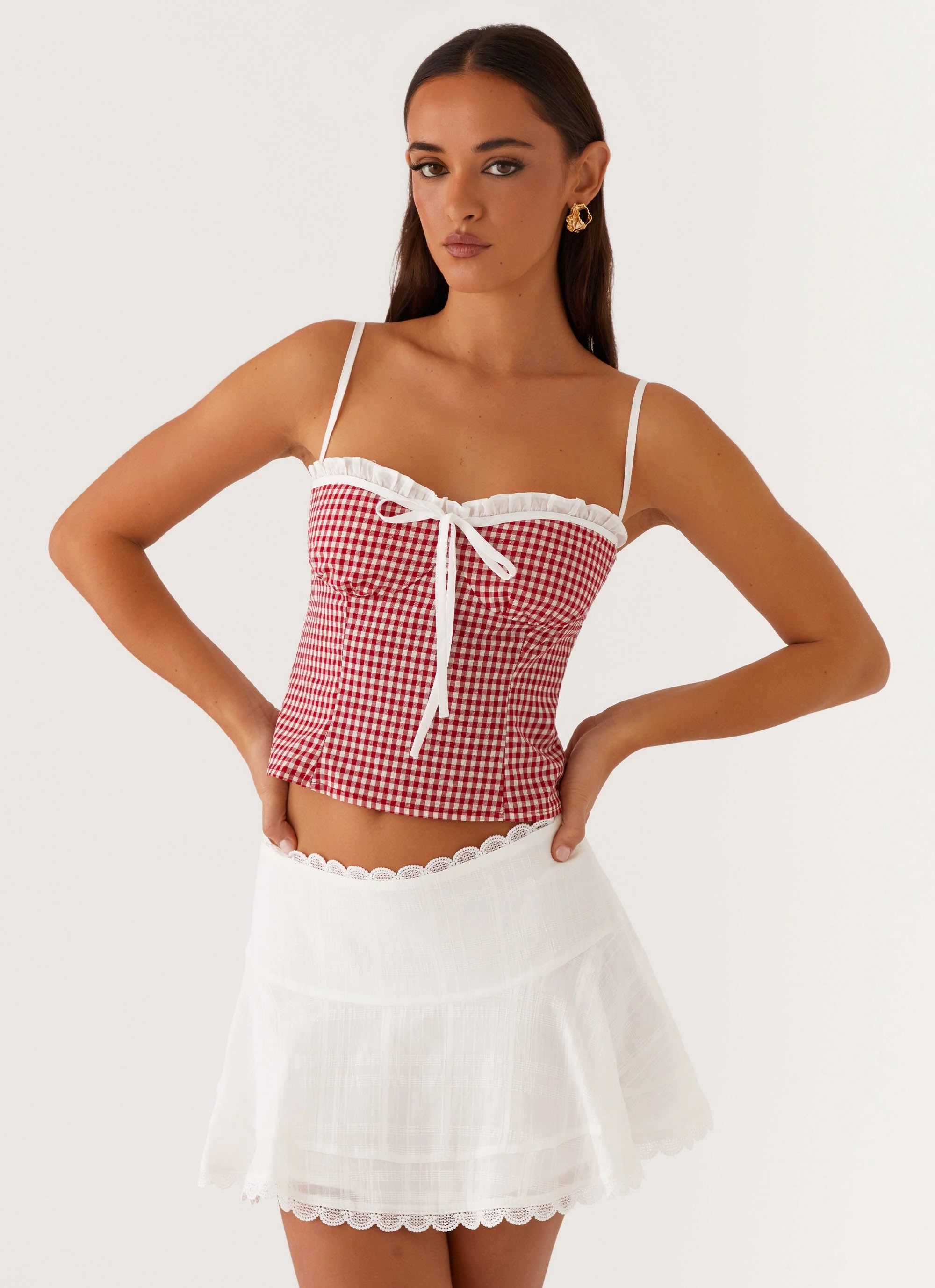 Office Attire WrinkleResistantFinish Palmer Ruffle Bustier Top - Red Gingham