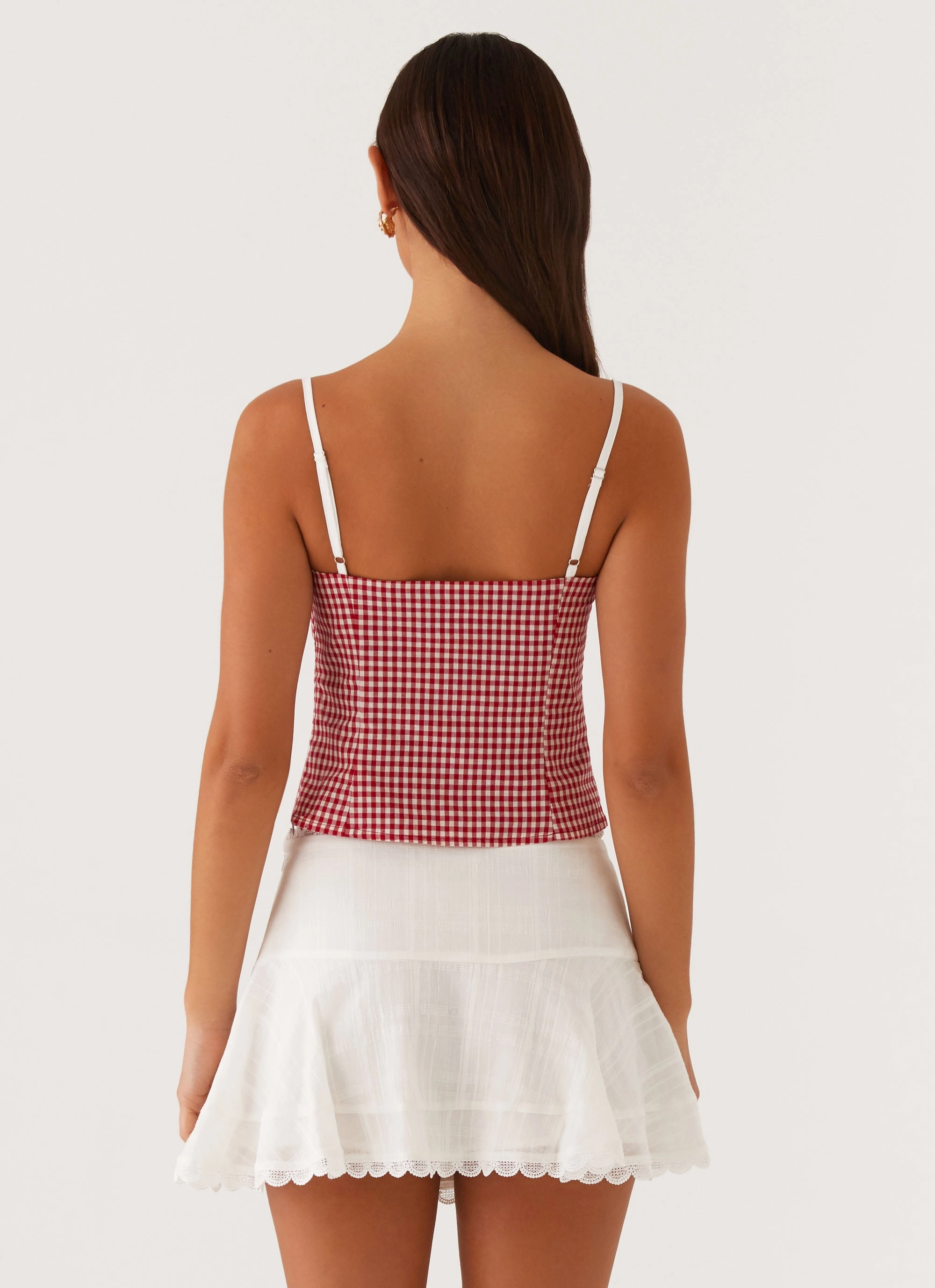 Palmer Ruffle Bustier Top - Red Gingham Smooth Stitching Durable Reinforced Hem