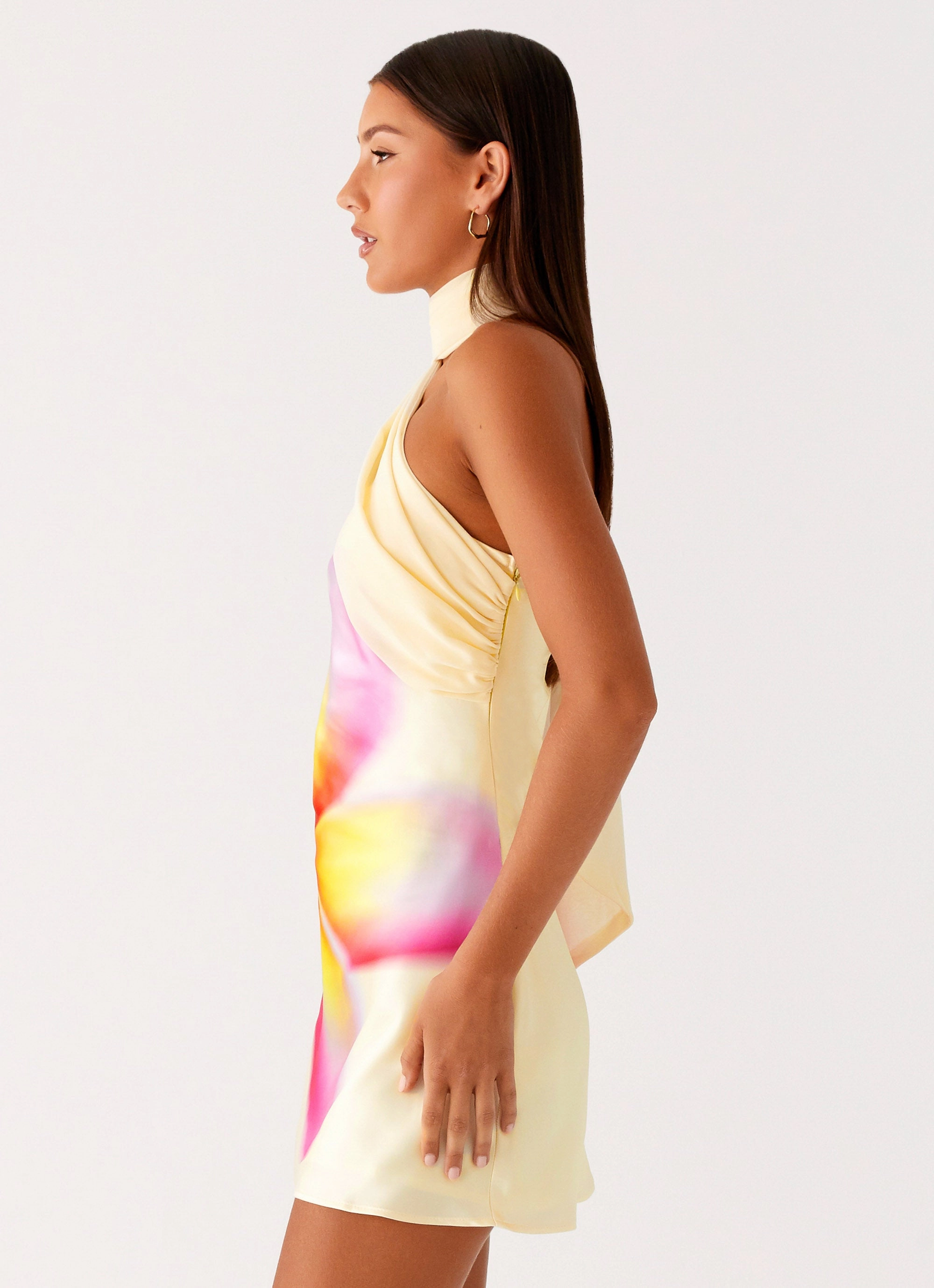 Isa Scarf Satin Mini Dress - Frangipani Yellow Flattering Shape Design