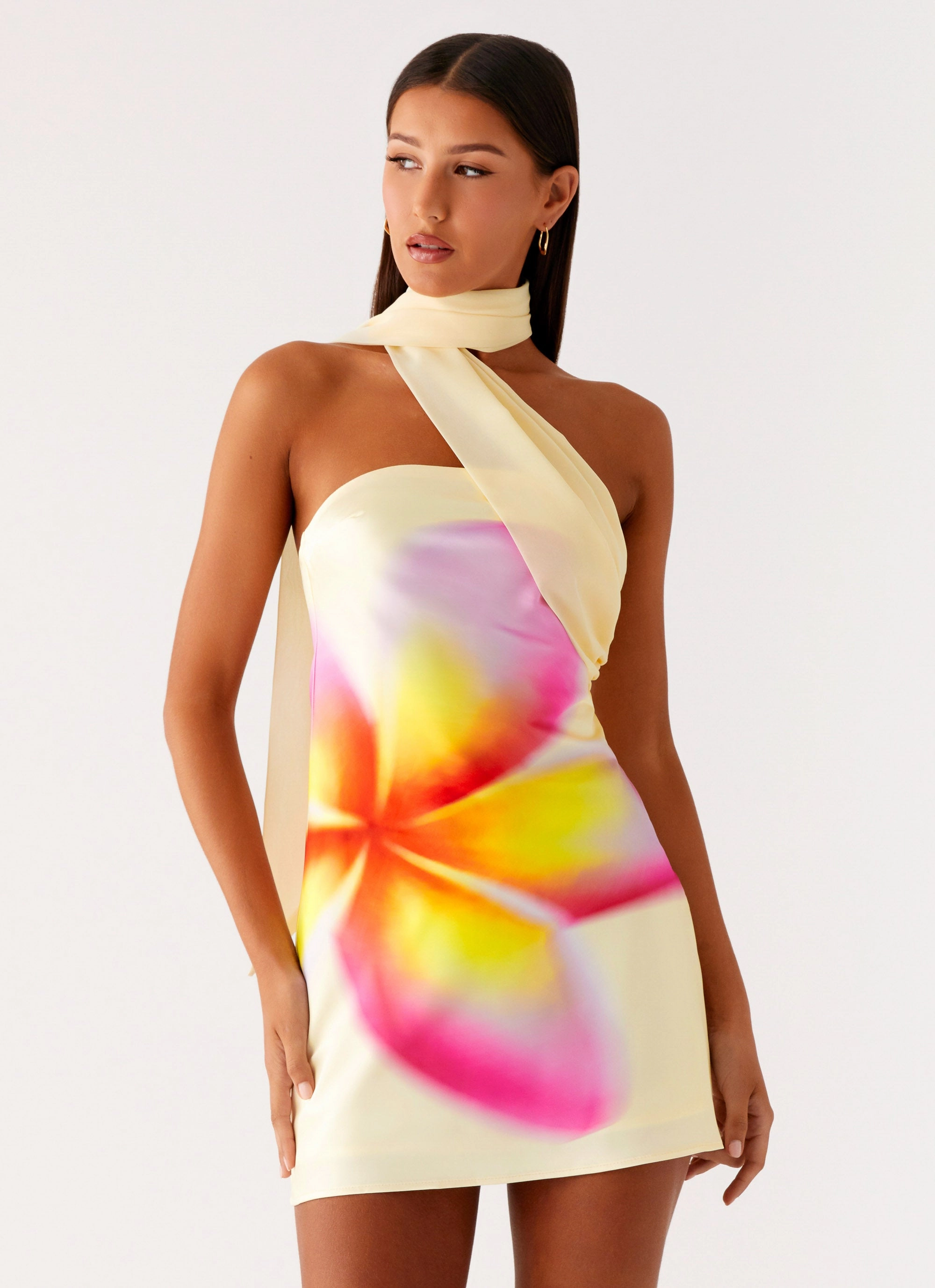 Isa Scarf Satin Mini Dress - Frangipani Yellow Party Floral flattering appearance