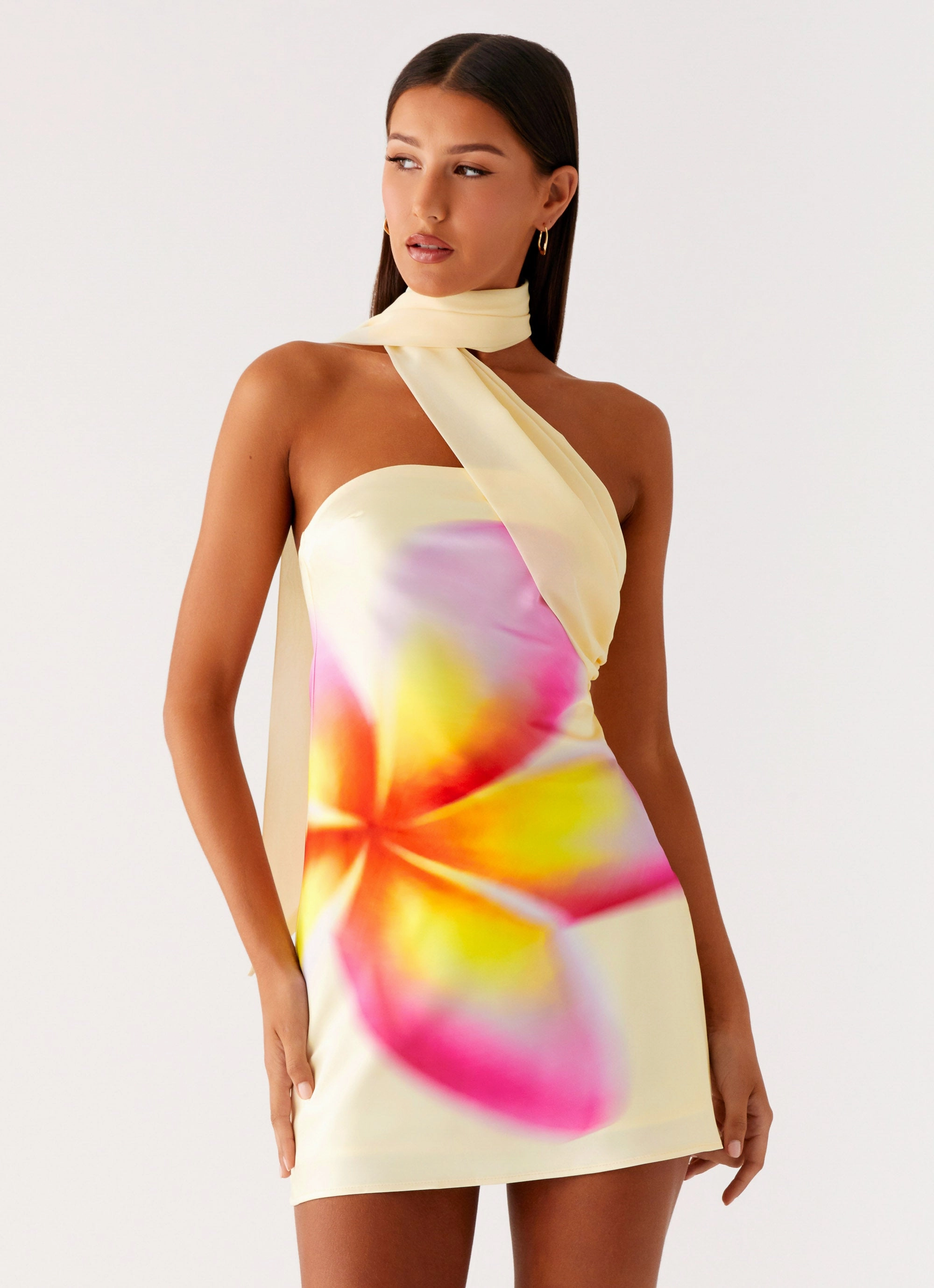 Isa Scarf Satin Mini Dress - Frangipani Yellow Work Comfort Sheer Element