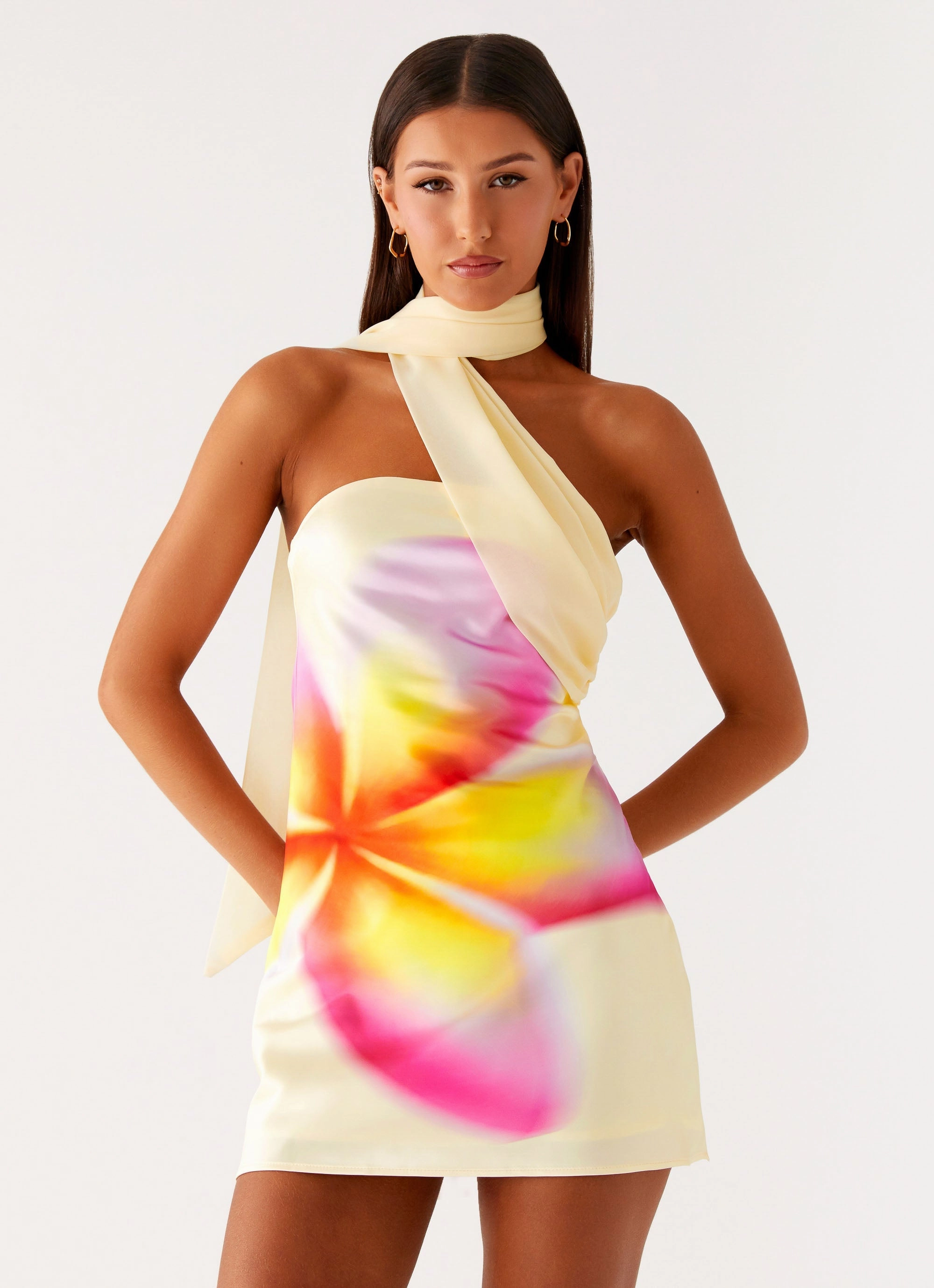 Sleek Fit Isa Scarf Satin Mini Dress - Frangipani Yellow