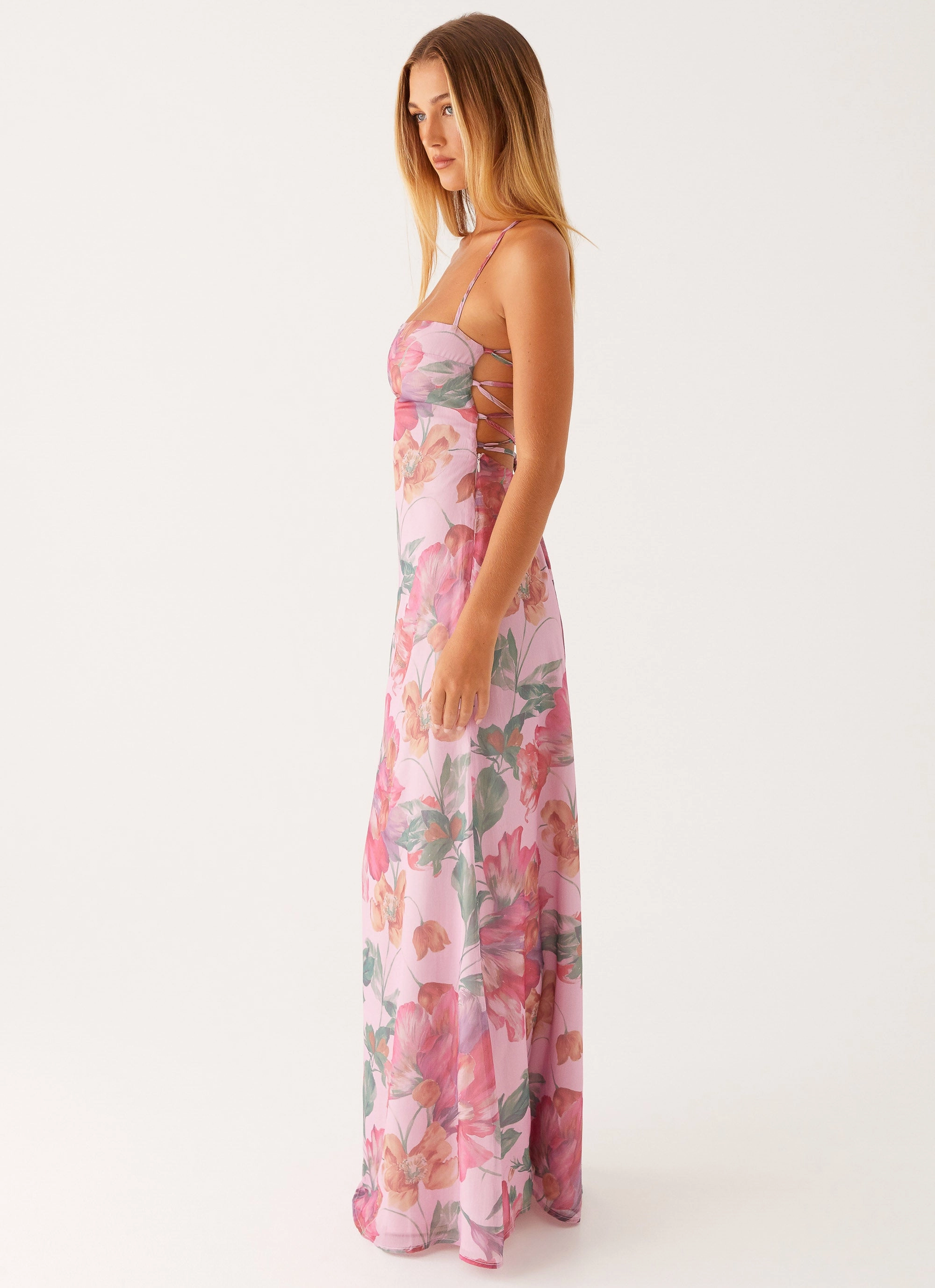 Matte Fabric Feminine Look Peggy Maxi Dress - Pink Floral