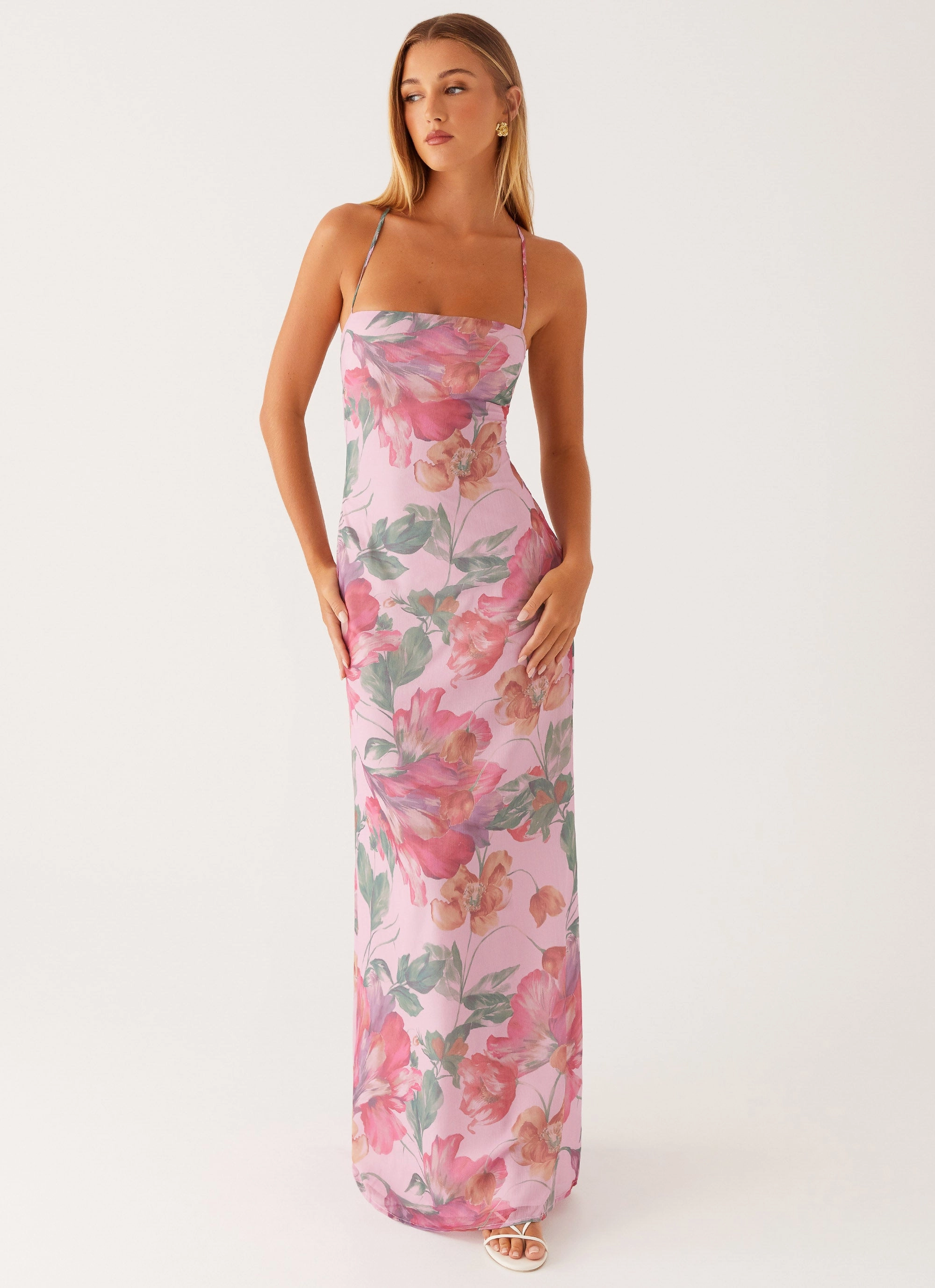 Cool Elegance Slim Silhouette Peggy Maxi Dress - Pink Floral