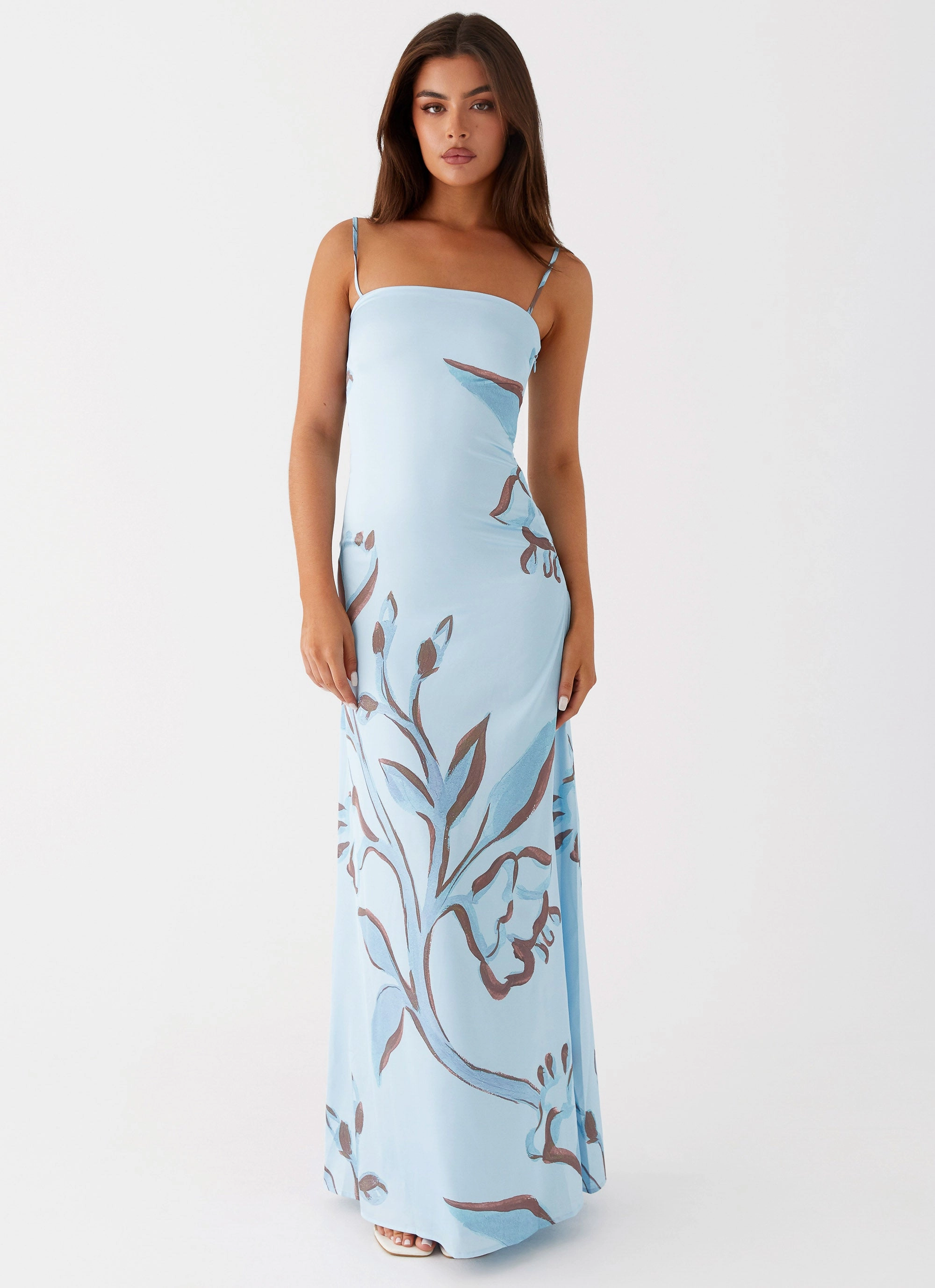 Floating Shape Bright Colors Aster Bloom Maxi Dress - Blue Floral