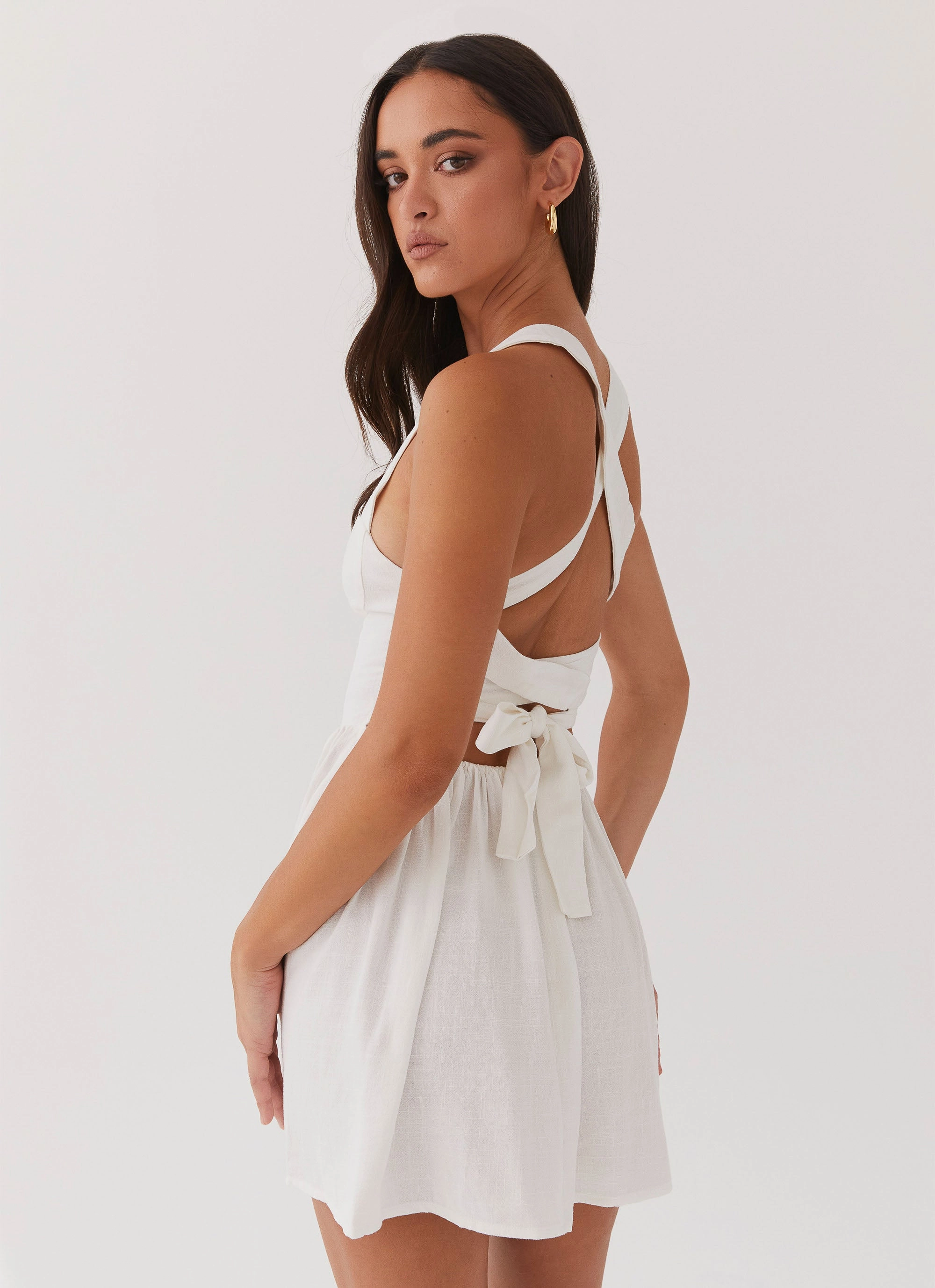 Penelope Linen Mini Dress - Ivory Trendy Silhouette