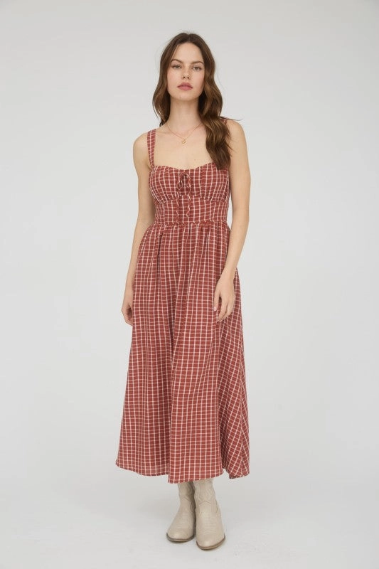 Calm Beauty Minimalist fit-and-flare Penelope Plaid Corset Front Tie Sleeveless Midi Dress