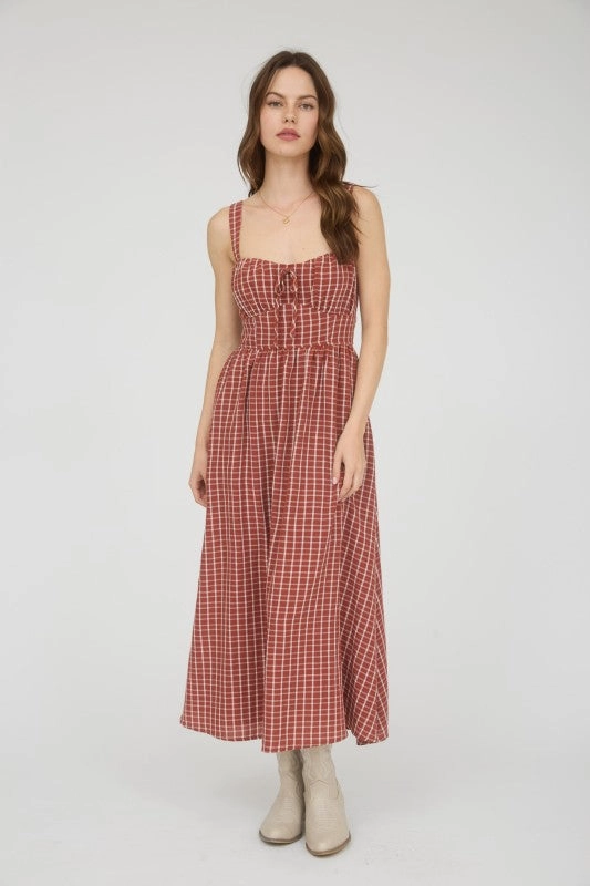 Light Wrap Penelope Plaid Corset Front Tie Sleeveless Midi Dress