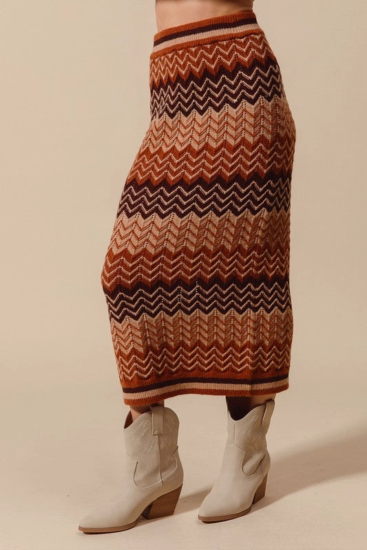 Non Irritating Seams Simple Styling Penny Multi Color Chevron Knit Sweater Maxi Skirt S-XL