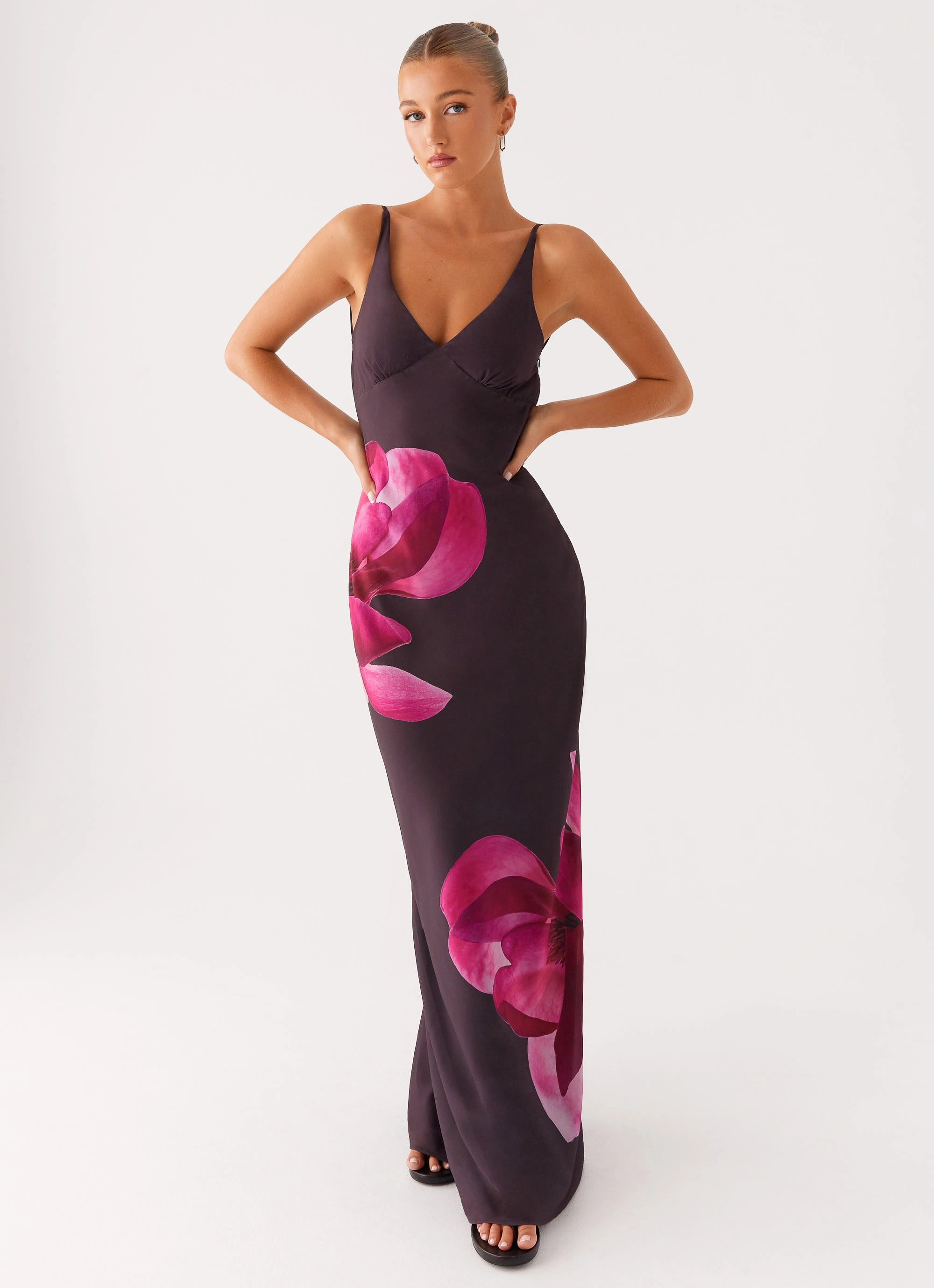 Griselda Maxi Dress - Dark Chocolate Flattering Shape Look FoldablePackaging