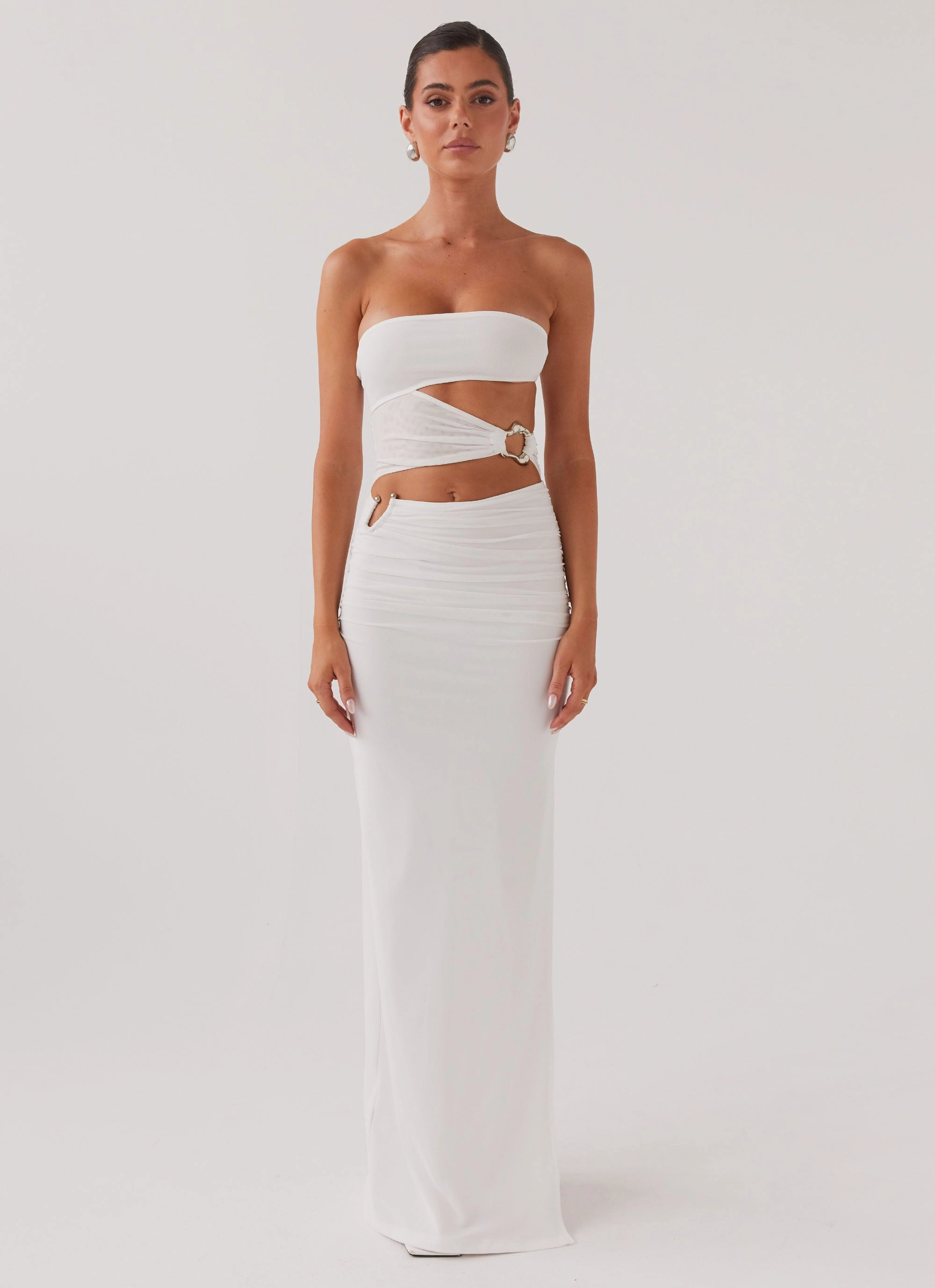 Into Pieces Mesh Maxi Dress - White Stylish Silhouette Silky Drape
