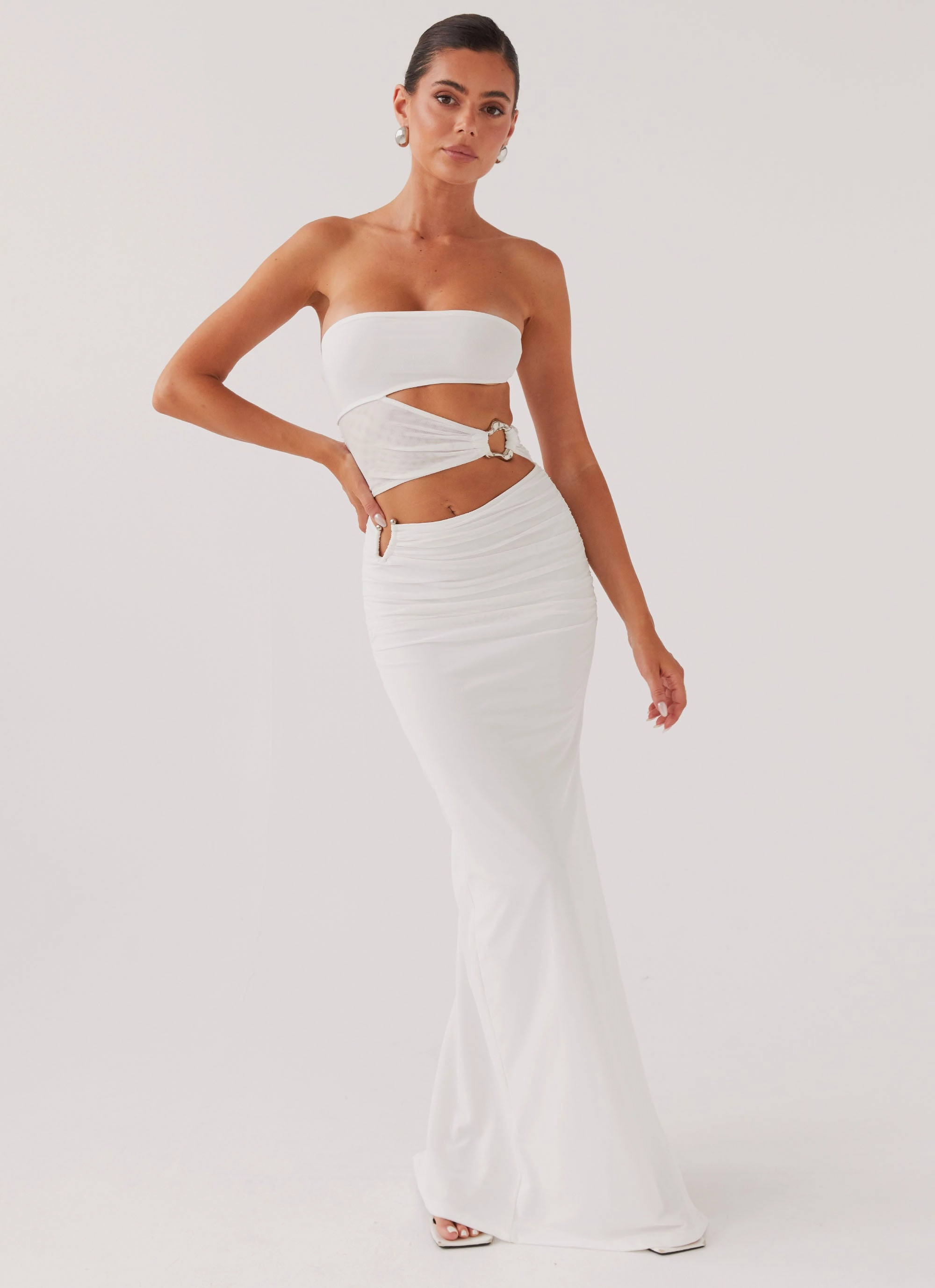 Water-Repellent-Finish Into Pieces Mesh Maxi Dress - White
