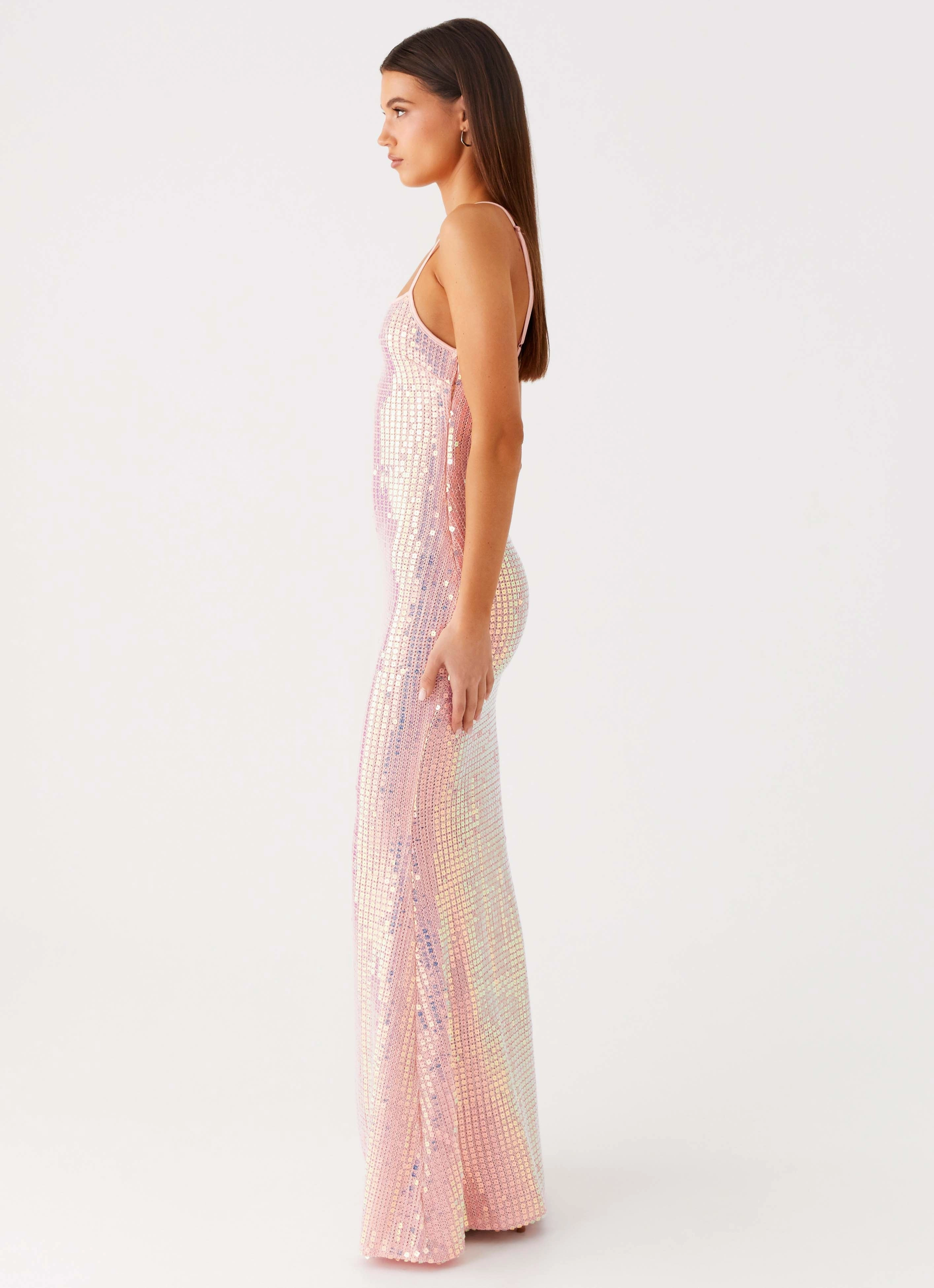 Romantic Soft Attitude Knit Sequin Maxi Dress - Iridescent Pink