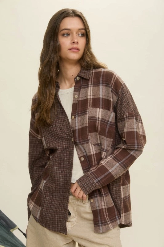 Breathable wear Tammy Colorblock Plaid Long Sleeve Button Down Shirt