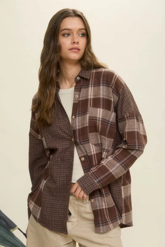 Tammy Colorblock Plaid Long Sleeve Button Down Shirt Picnic Classic Layer