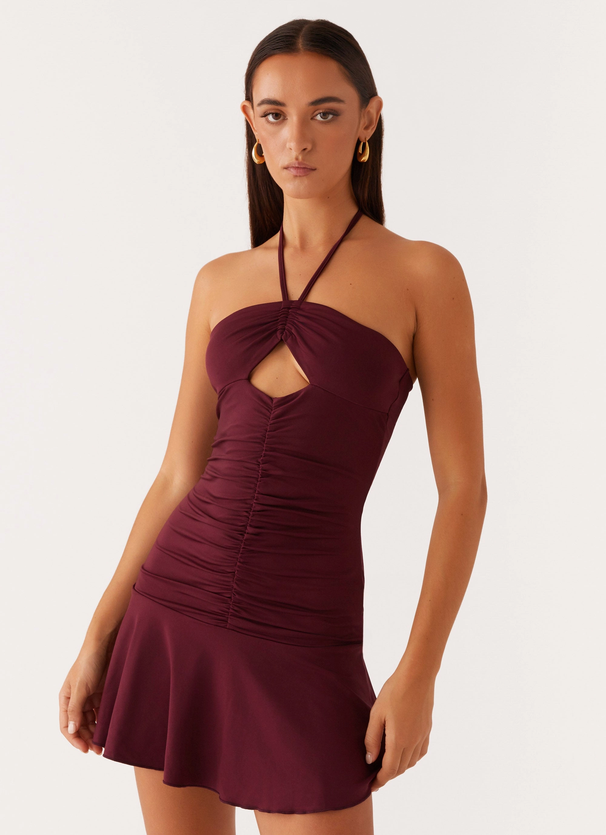 Layered-Sleeve Katrina Halterneck Mini Dress - Deep Maroon