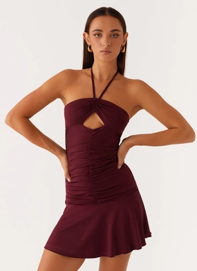 Katrina Halterneck Mini Dress - Deep Maroon Elegant Look Versatile sundress