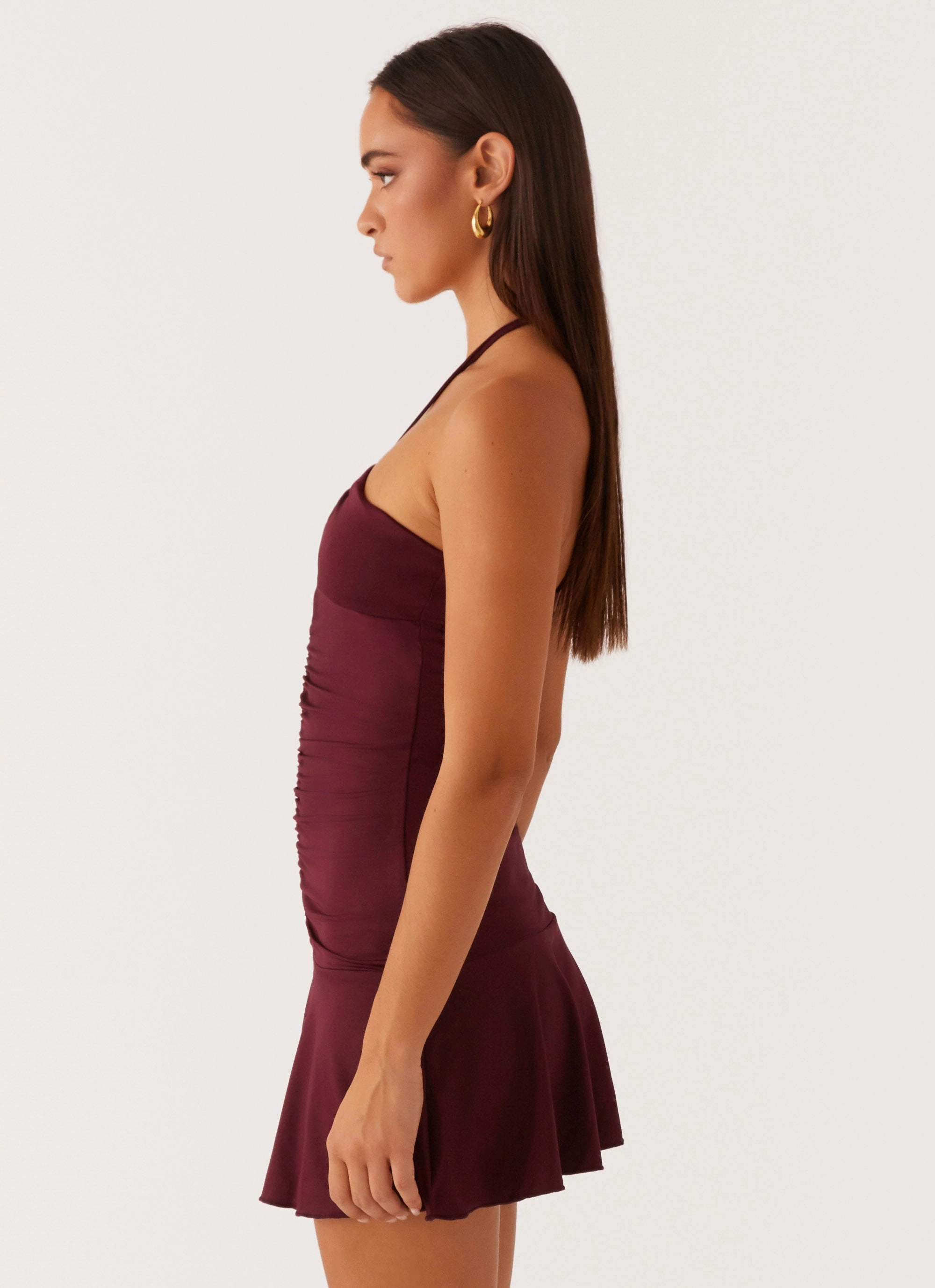 Katrina Halterneck Mini Dress - Deep Maroon Ready Glow