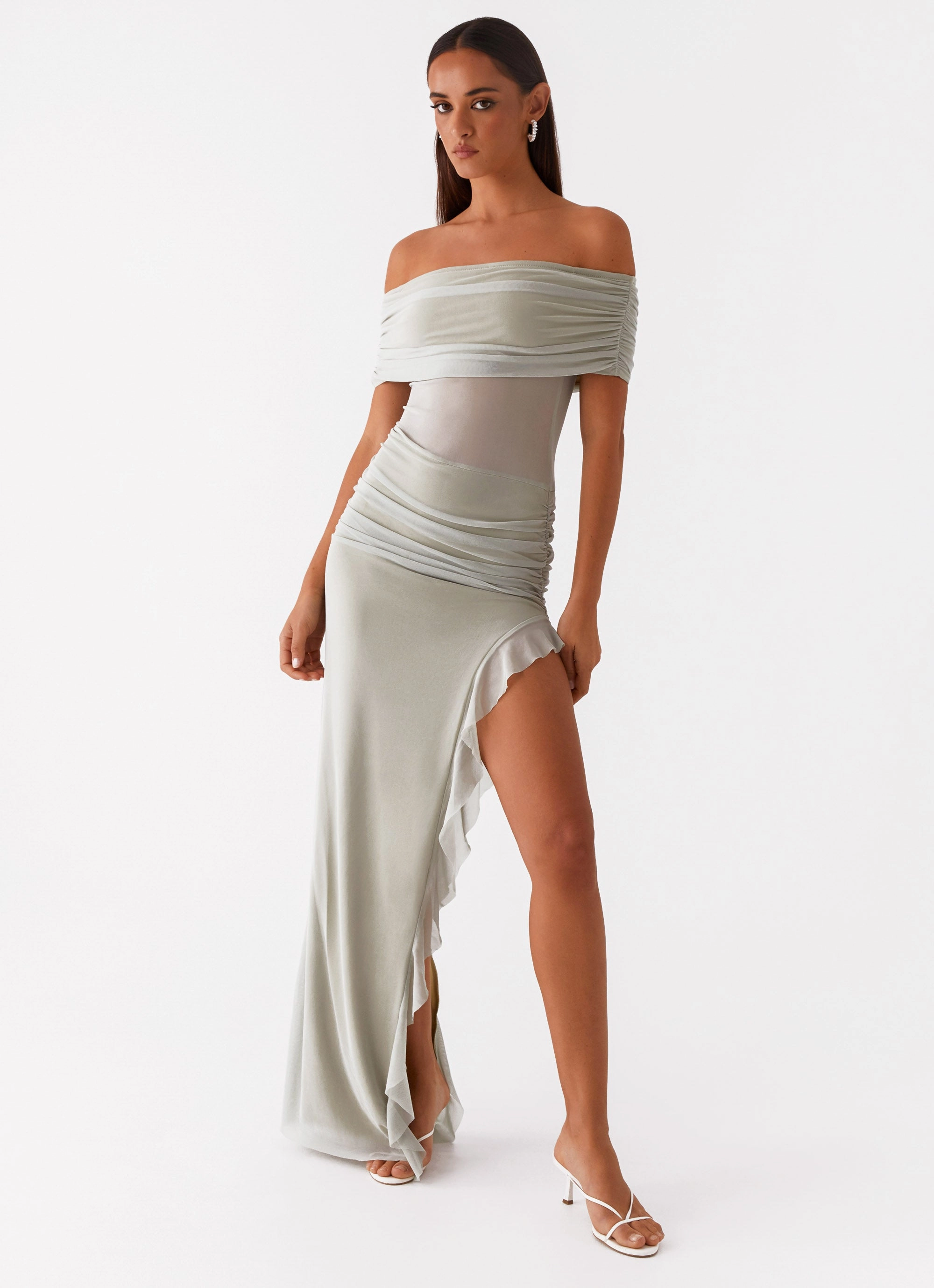 Sharp Style Classic Design Nelly Off Shoulder Maxi Dress - Pistachio