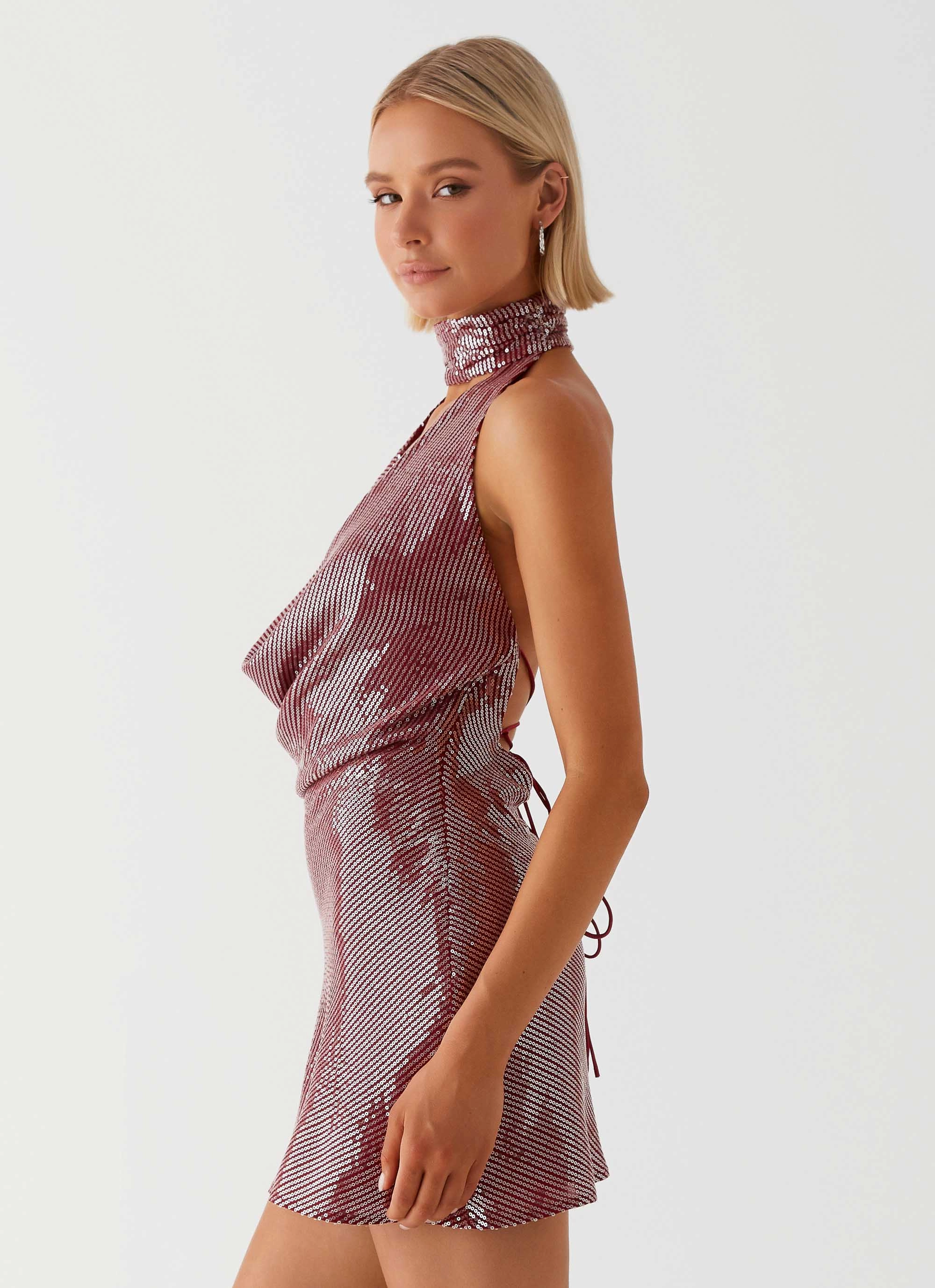 Nora Sequin Cowl Neck Mini Dress - Red Knot-Detail