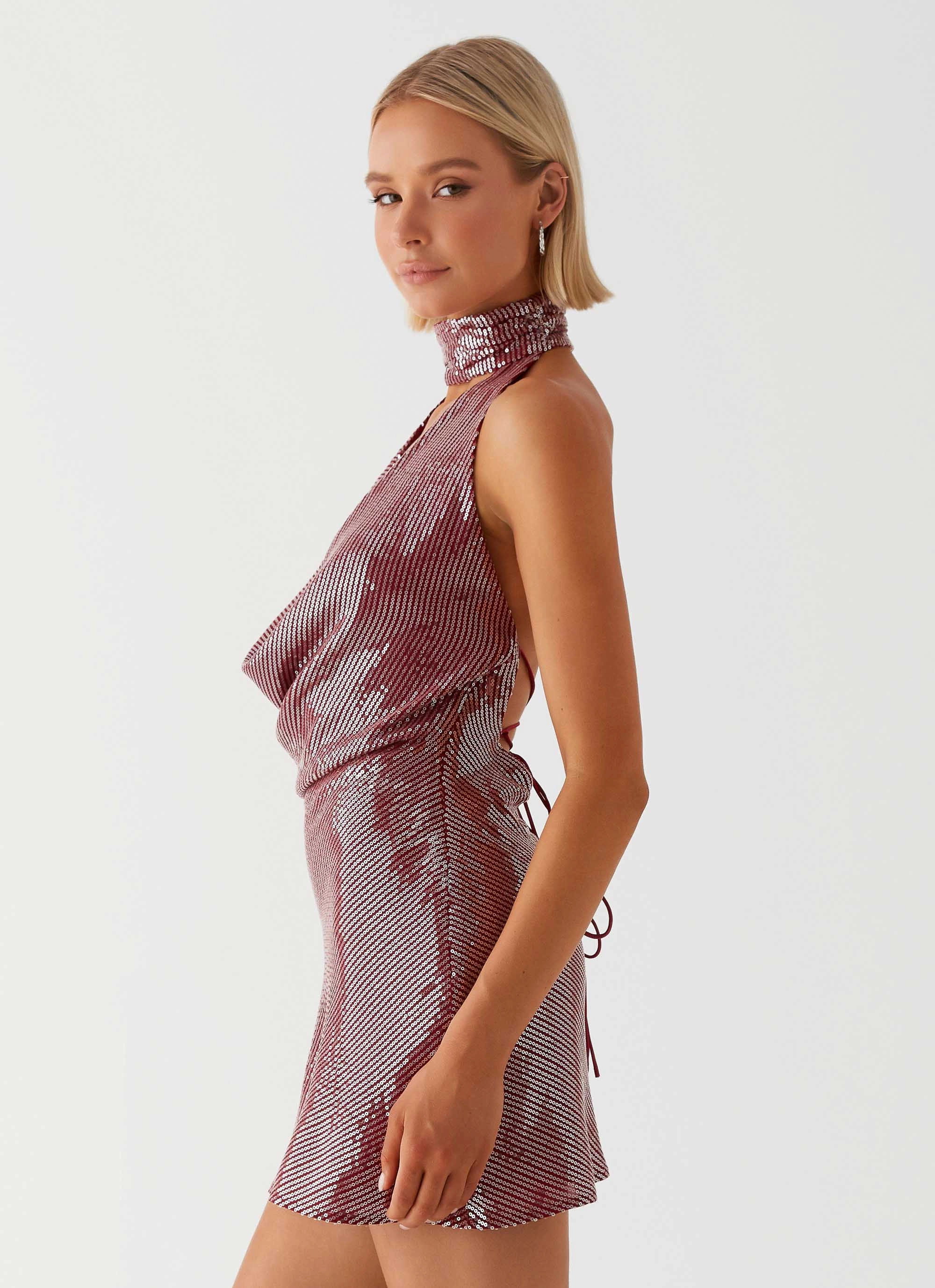 Nora Sequin Cowl Neck Mini Dress - Red Wrap-Style Outdoor Ready