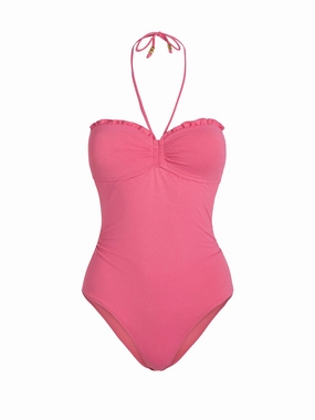 Talia One Piece In Hibiscus Metallic Seaside Holiday Ruching Details